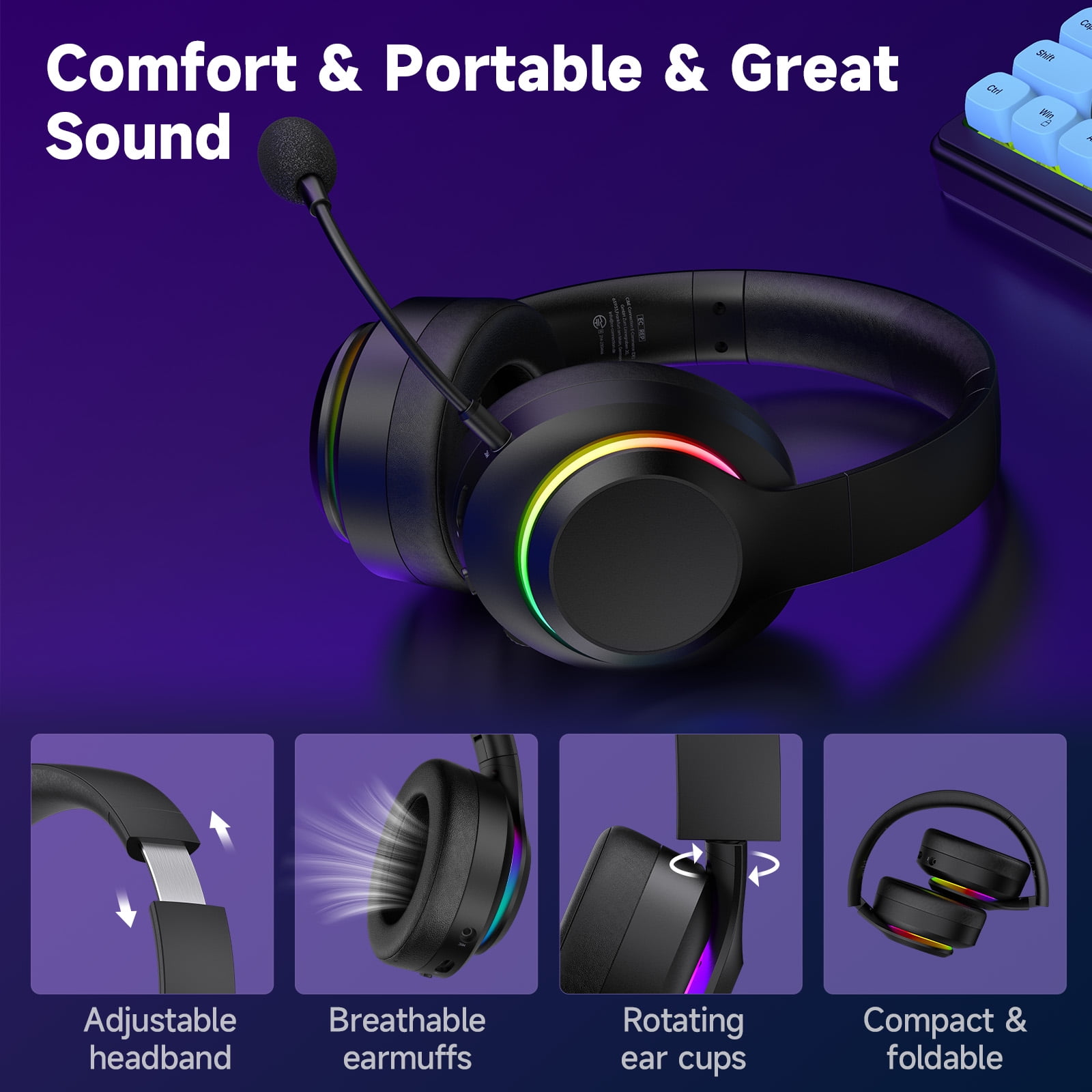 AYEDLOE Wireless Gaming Headset with Bluetooth 5.4 and 2.4GHz USB, Noise Canceling Mic, Multi-Platform Compatibility (Black) opoge