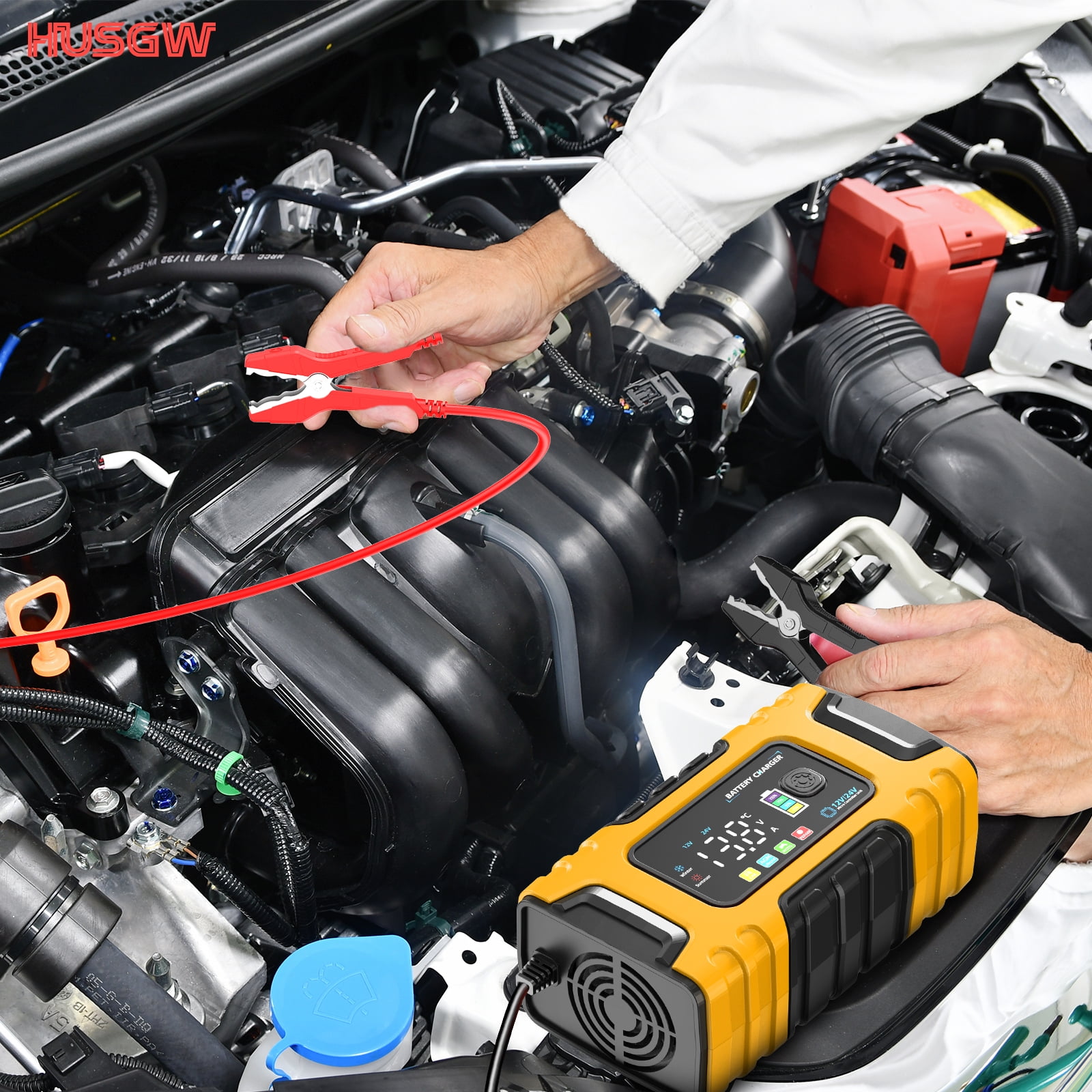 HUSGW Smart Car Battery Charger 12V 10A/24V 5A Automatic Trickle Maintainer for Lead-Acid and LiFePO4 (Yellow) 3qr0f