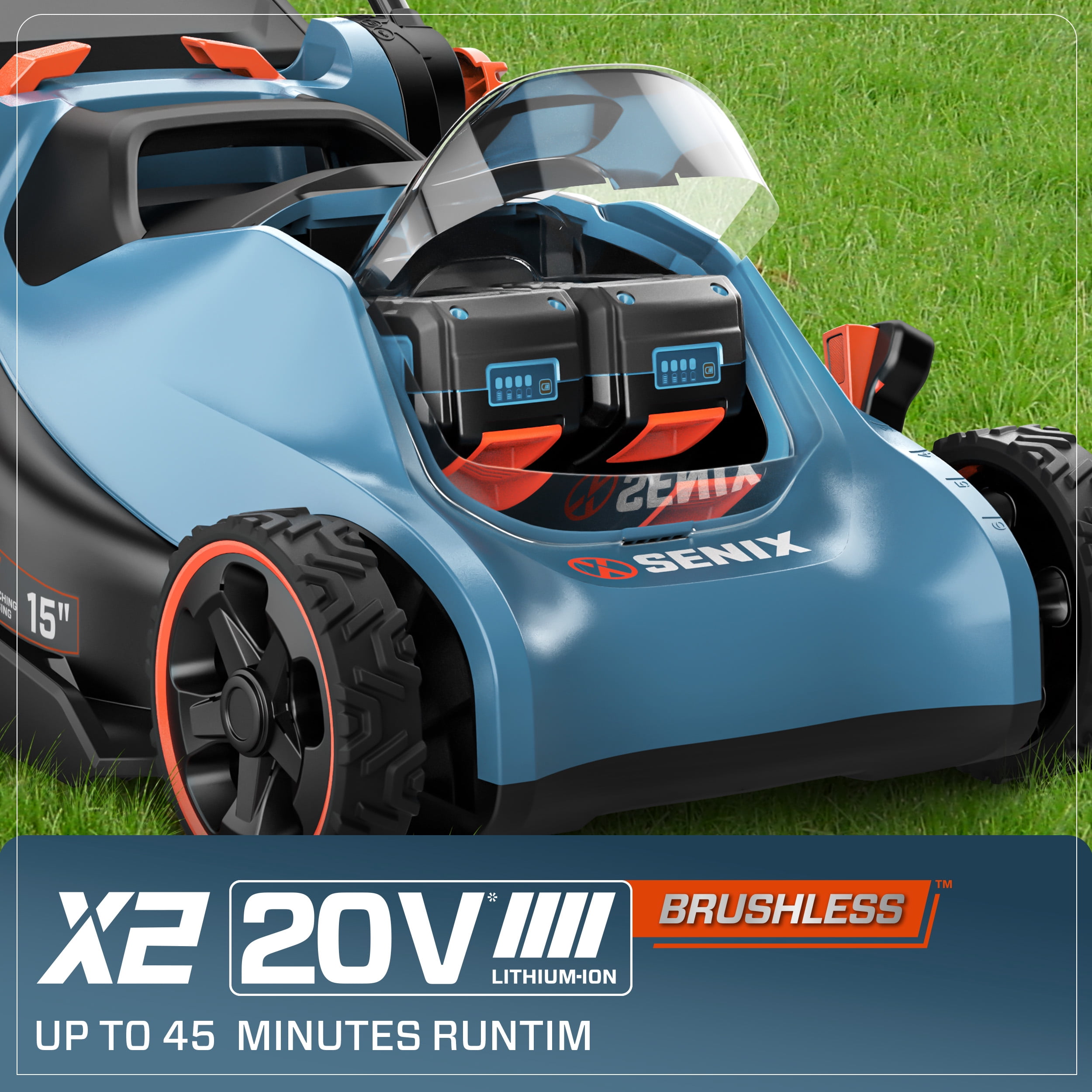 Senix 40V Brushless Cordless Push Lawn Mower with (2x) 4.0Ah Batteries, 16 in Deck, 2-in-1 Mulching and Bagging (16 in) 3u8ab