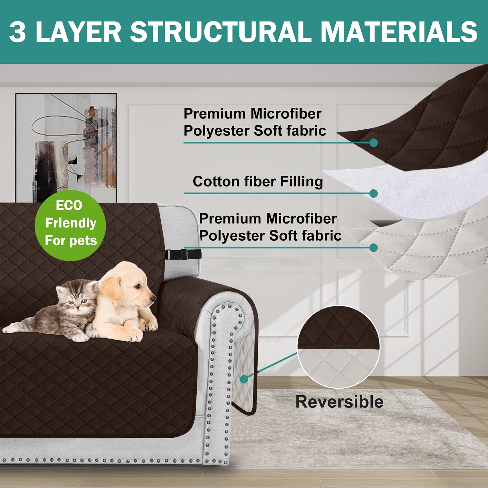 SANMADROLA Reversible Sofa Cover Water Resistant Furniture Protector for Pets and Kids (Brown, 66 in) 5wy7s