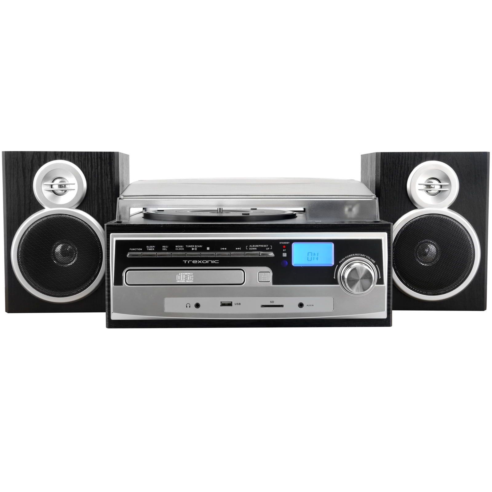 Trexonic 3-Speed Turntable with CD Player, FM Radio, Bluetooth, and Wired Shelf Speakers (Black, 1 Unit) dyqdq
