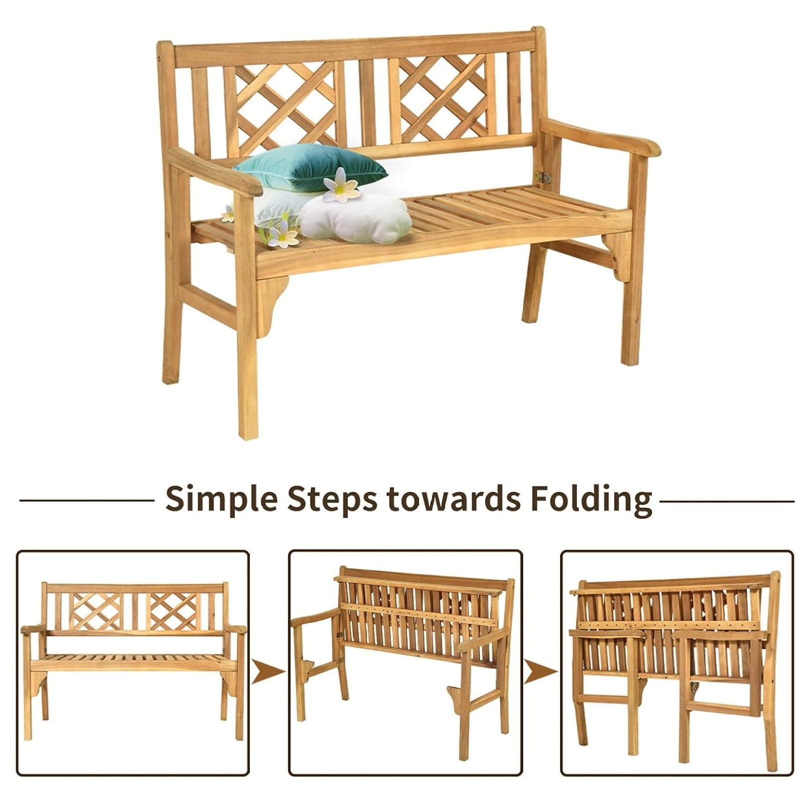 HJXWALHJX Folding Patio Garden Bench, 2-Person Outdoor Wood Porch Loveseat with Slatted Seat and Armrest (4 ft) kai4b