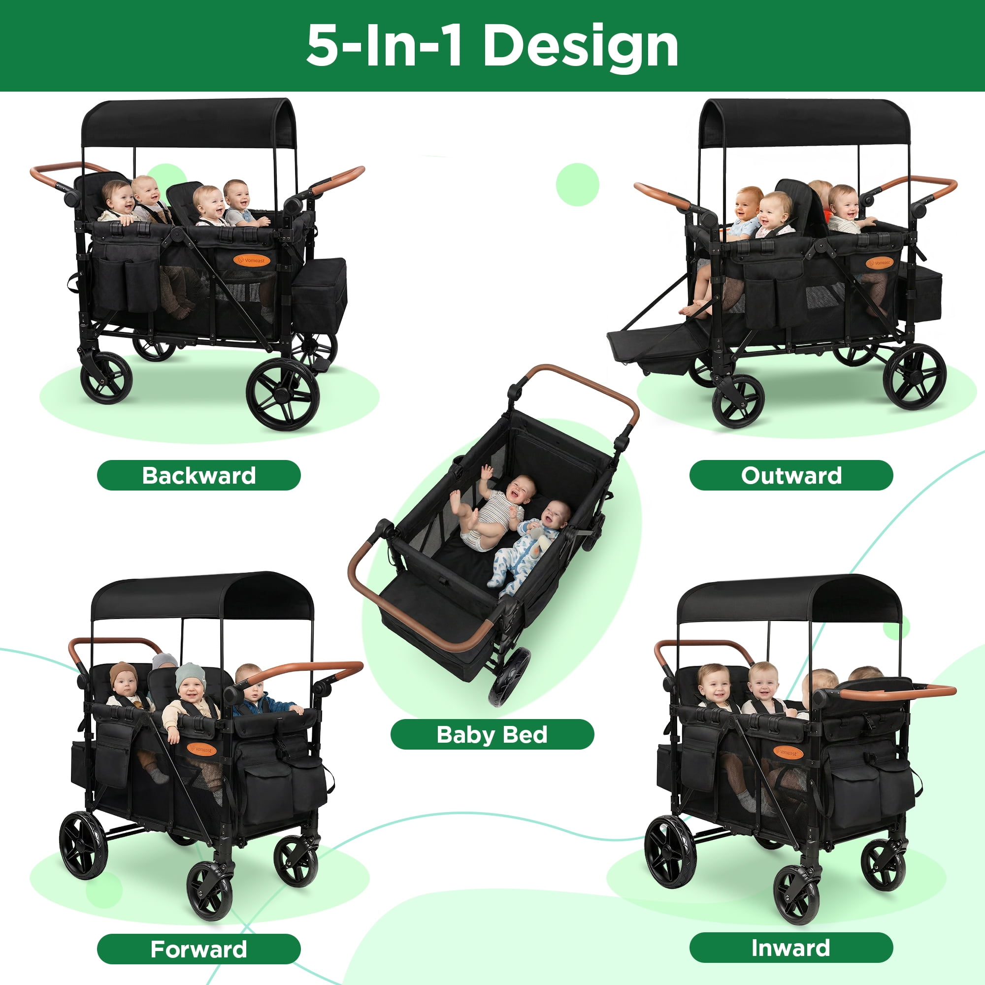 Vomeast 4-Seater Wagon Stroller for Kids, All-Terrain Outdoor Utility Stroller with Canopy and 5-Point Harness (Black, 41.34 x 28.35 x 53.94 in) 1xner