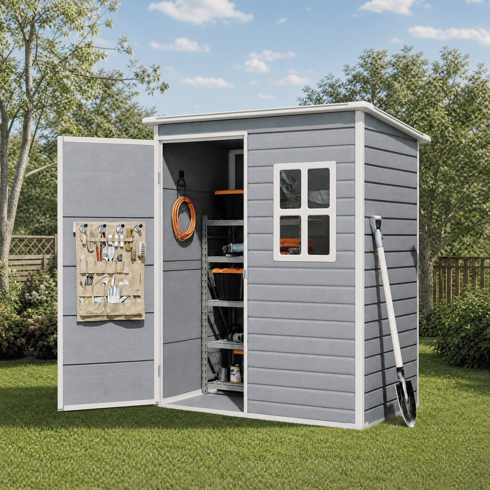 Asofer Recycled Resin Outdoor Storage Shed, Weatherproof Garden Tool Organizer with Molded Base and Lockable Door (Gray, 5x3 ft) ez5fl