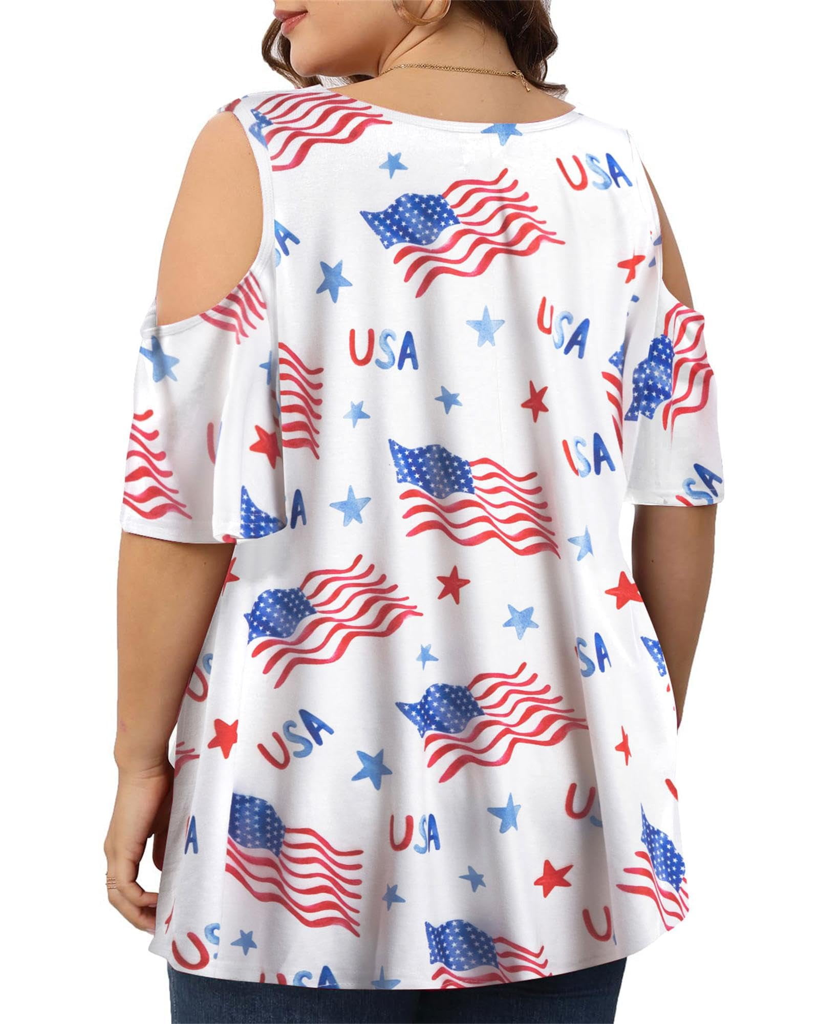 DEXIO Women Plus Size American Flag V-Neck T-Shirt Patriotic Cold Shoulder Graphic Top (White, 2X) j0x5i