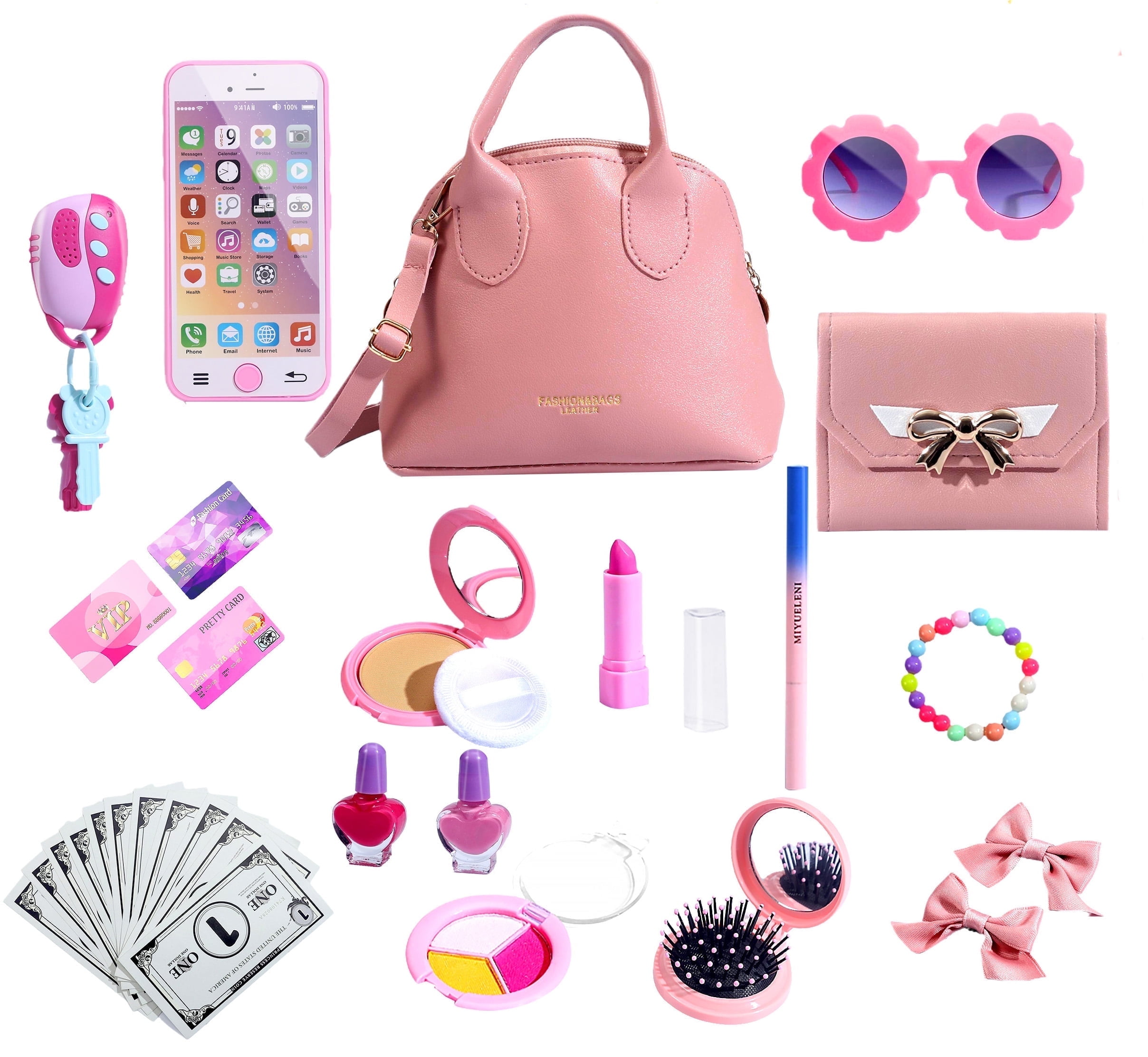 TiokMc Princess Play Purse Set, Pretend Makeup and Fashion Accessories for Kids (Pink, 31-Piece) qjp2q