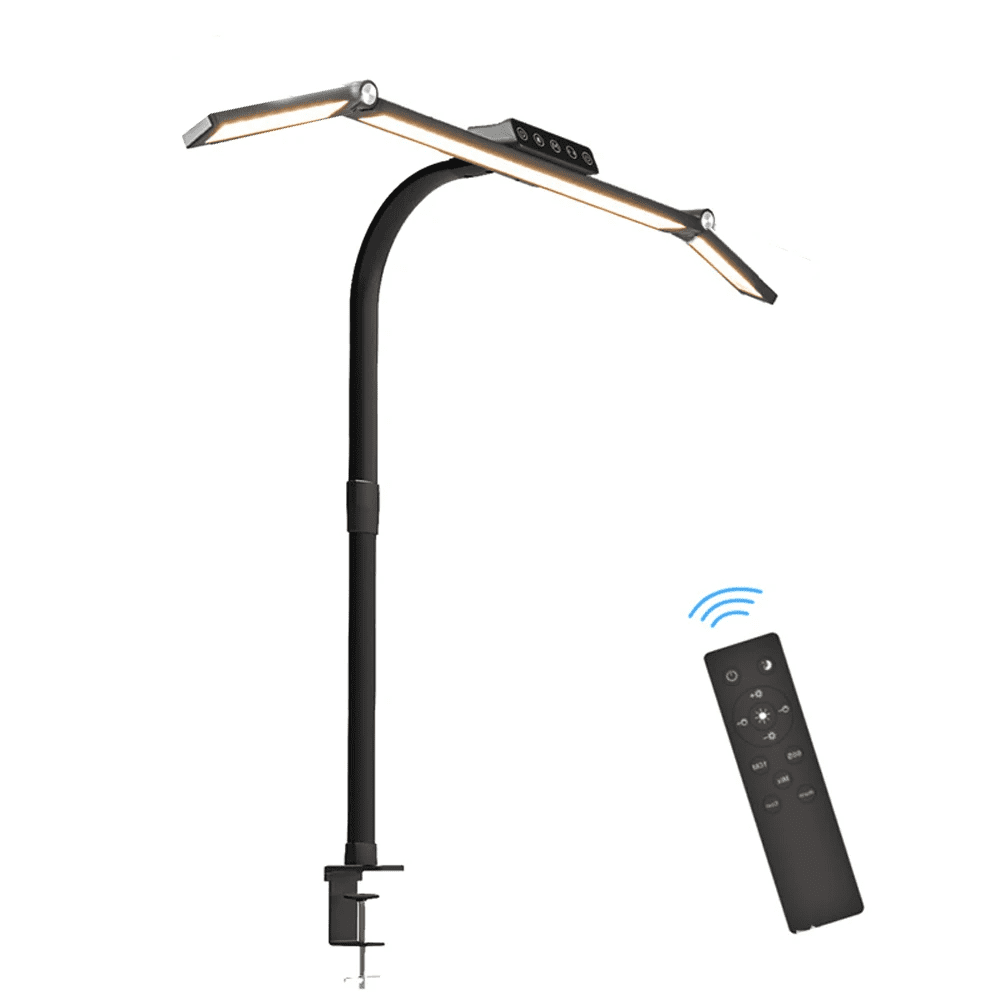 Lanthour LED Desk Lamp with Clamp, 24W Double Head Swing Arm Office Light, Stepless Dimmable with Remote (Black, 27.1 in) jcljk