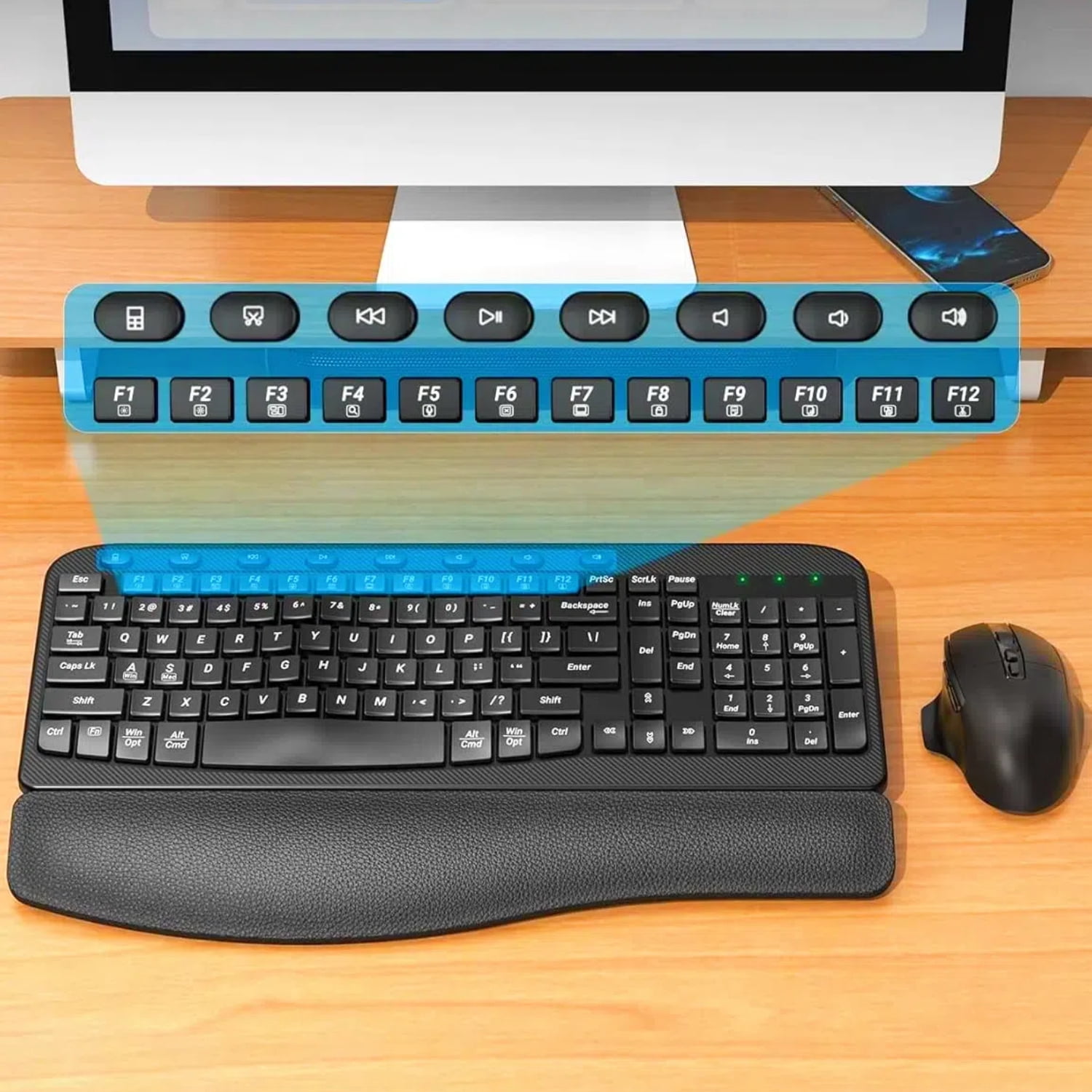 Wagpak Ergonomic Wireless Keyboard and Mouse Combo with Leather Palm Rest (Black, 1 Set) 1agds