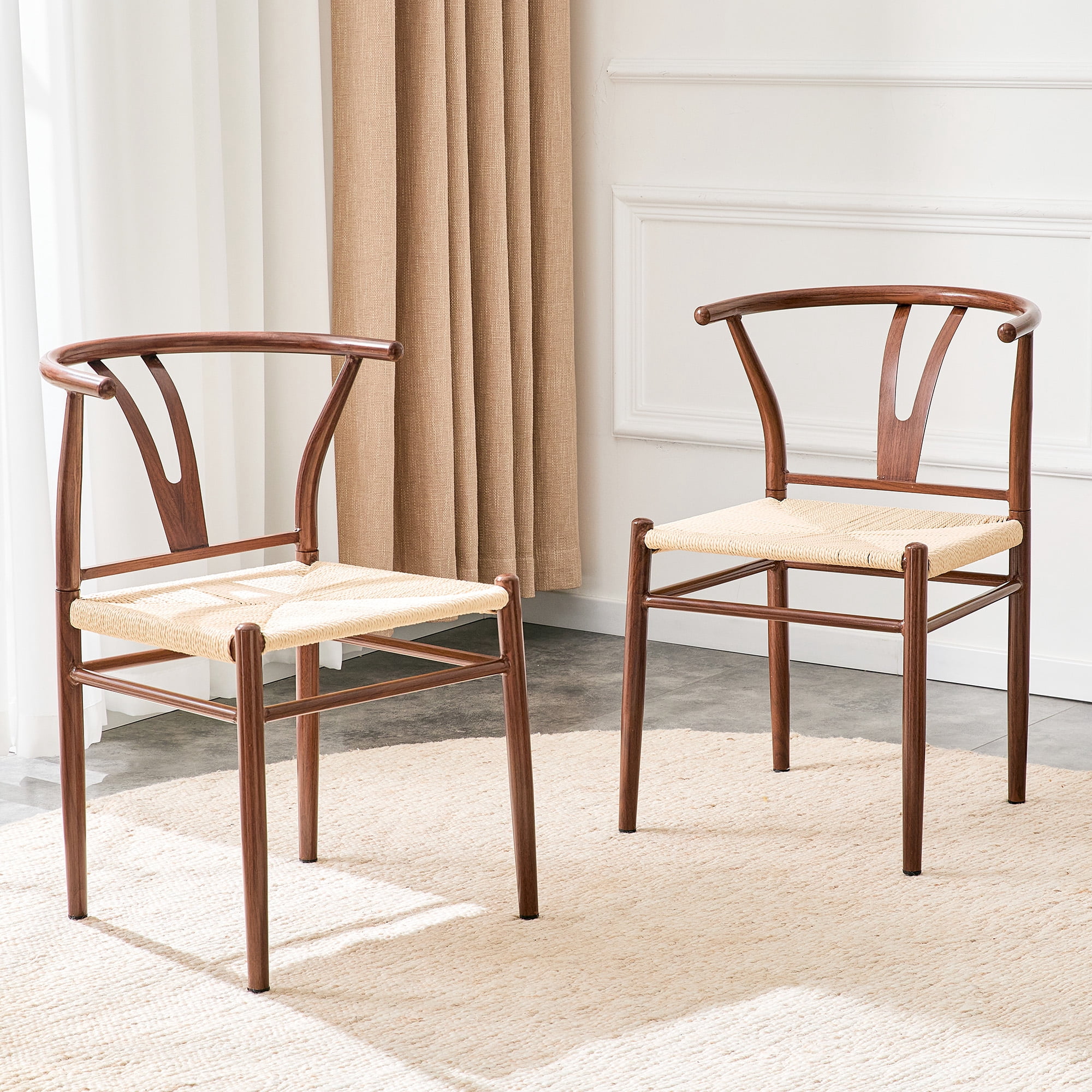 Cekeme Wishbone Dining Chair Set of 2, Mid-Century Modern Y-Shaped Armchair with Woven Seat (Brown, 17.7 in D x 19.6 in W x 29 in H) q5xf2