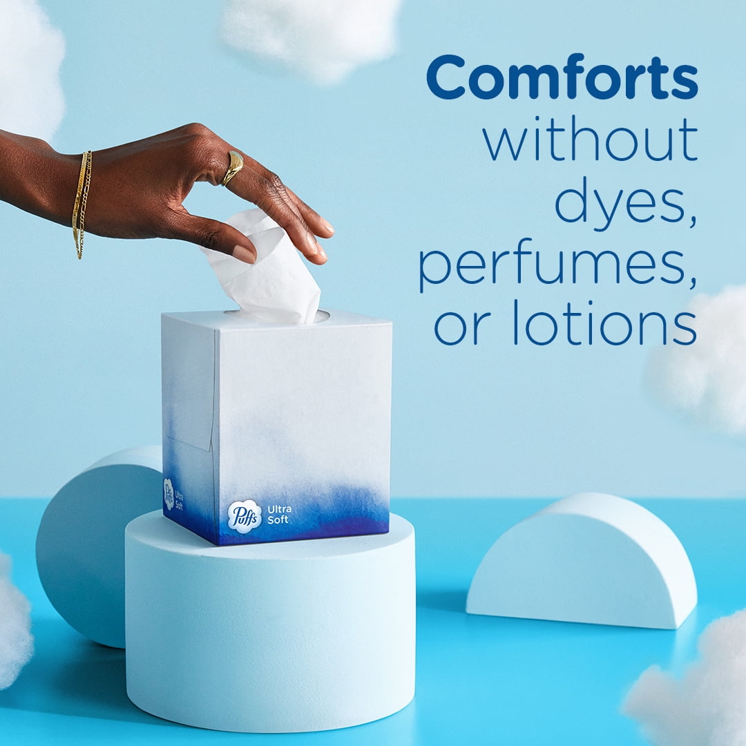 Puffs Ultra Soft Facial Tissues, Gentle Cushion-Soft Thickness (White, 4 Count, 224 Total Tissues) 5uzs6