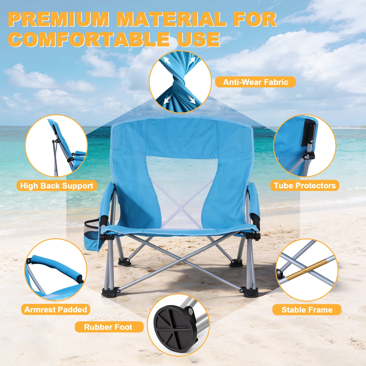 Walchoice Folding Beach Chairs with Cup Holder and Carry Bag, Low Back Support, Heavy-Duty Portable Outdoor Seating (Blue, 2 Pack) dzkr7
