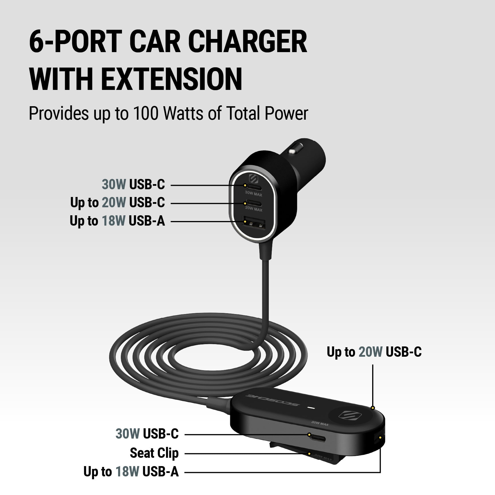 Scosche PowerVolt 100W Multi-Port Car Charger Adapter with 5ft Backseat Extension Cable (Black, 1 Pack) z22px