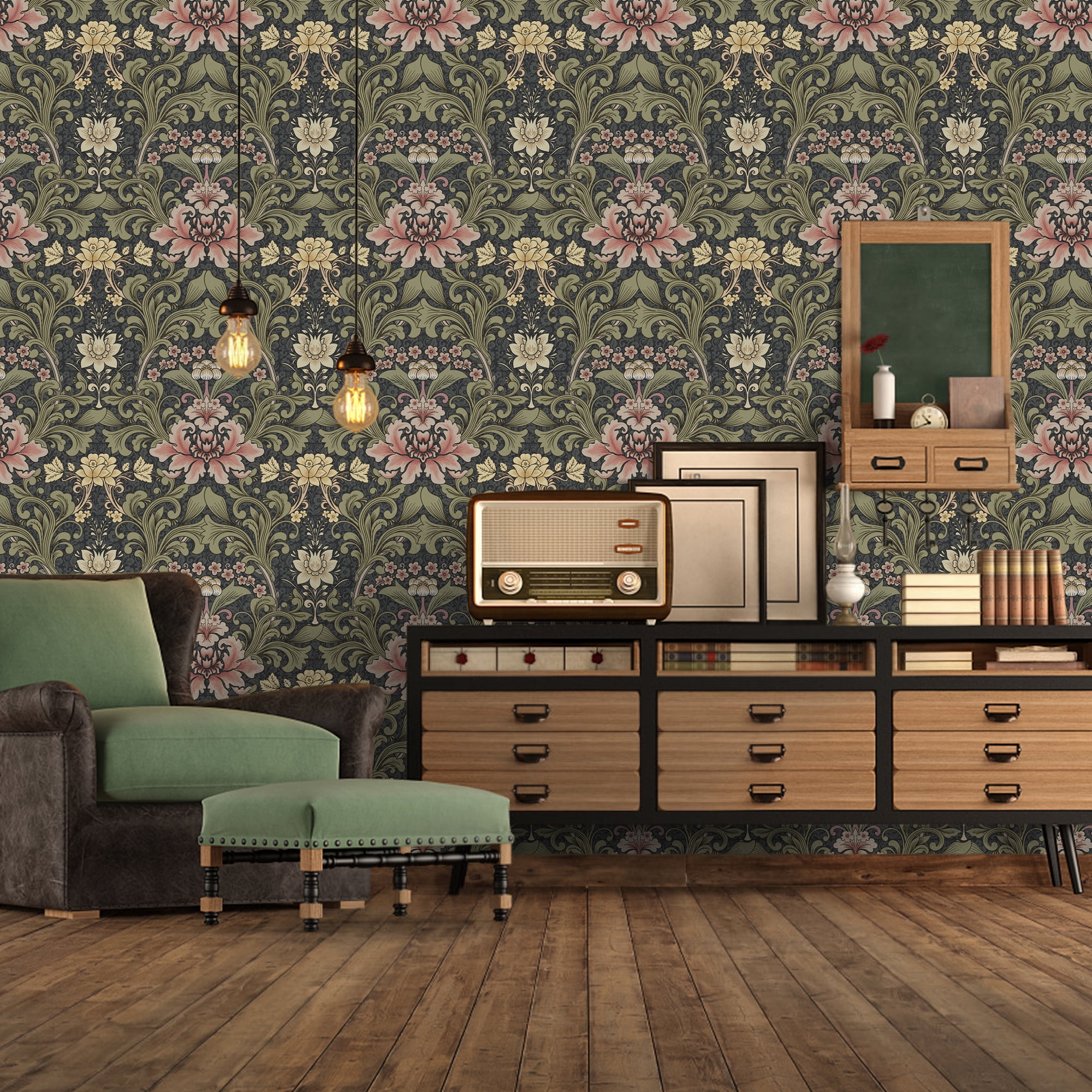 UMIGGEE Floral Boho Retro Peel and Stick Wallpaper, Self-Adhesive Removable Wall Covering for Home Decor and Furniture (Green, 17.7 in x 118 in) 026t9
