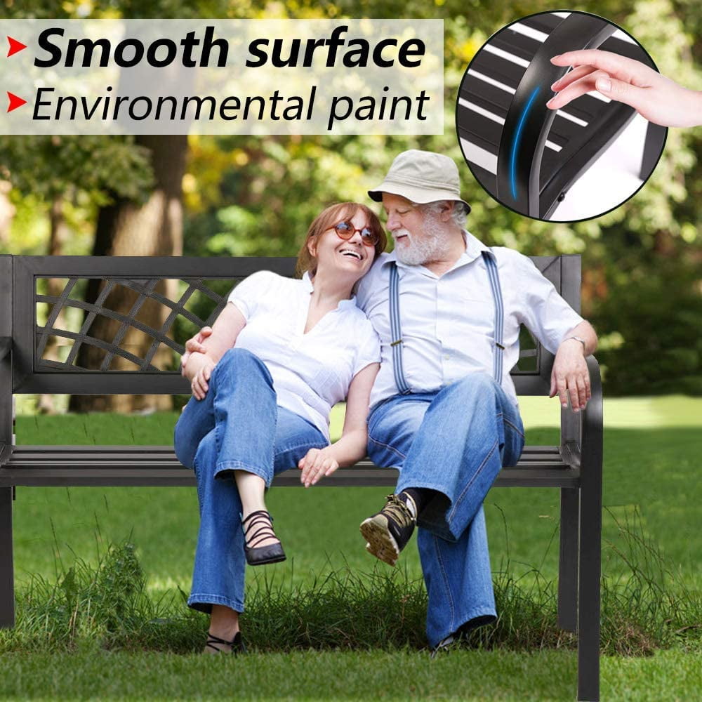 NiamVelo Outdoor Metal Garden Bench, Rust-Resistant Steel Patio Park Chair with Mesh Pattern (Black, 45.5 in x 21.7 in x 30 in) e06dq