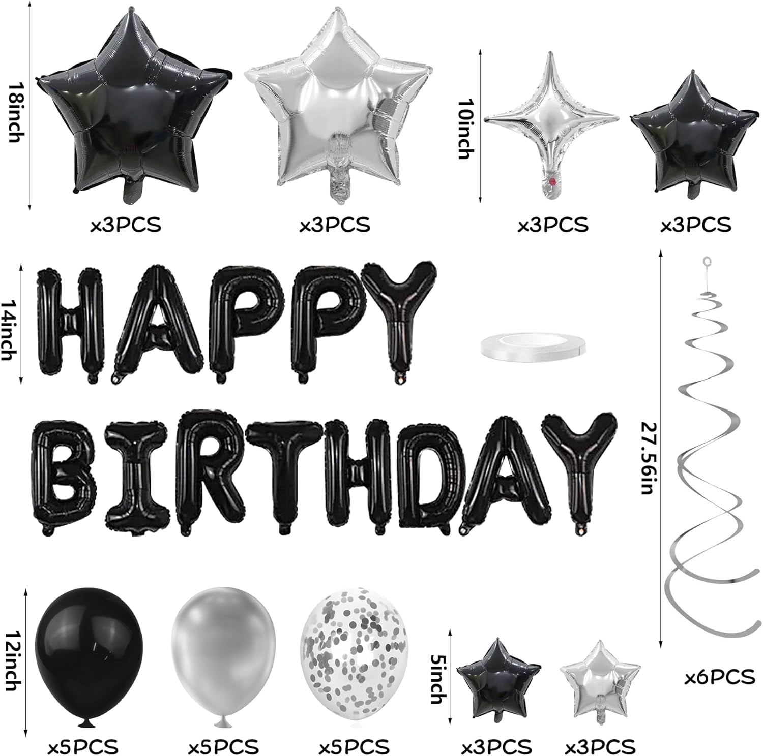 Genreen Birthday Party Decoration Set with Happy Birthday Banner and Balloons (Black and Silver, 56 Piece Set) uflpd