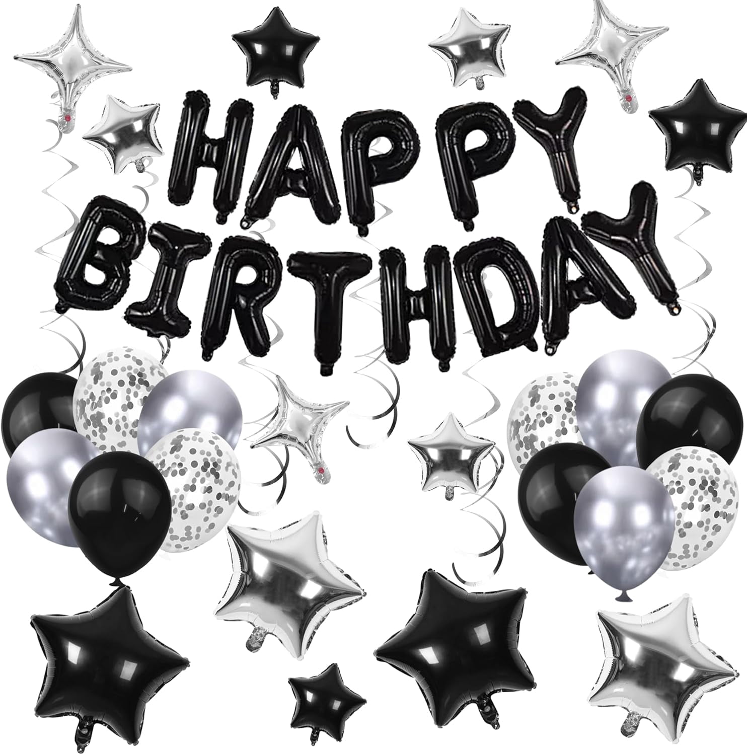 Genreen Birthday Party Decoration Set with Happy Birthday Banner and Balloons (Black and Silver, 56 Piece Set) uflpd