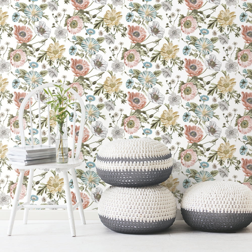RoomMates Vintage Poppy Peel & Stick Wallpaper Removable Floral Wall Decor (Pink, 30.75 sq ft) loo51