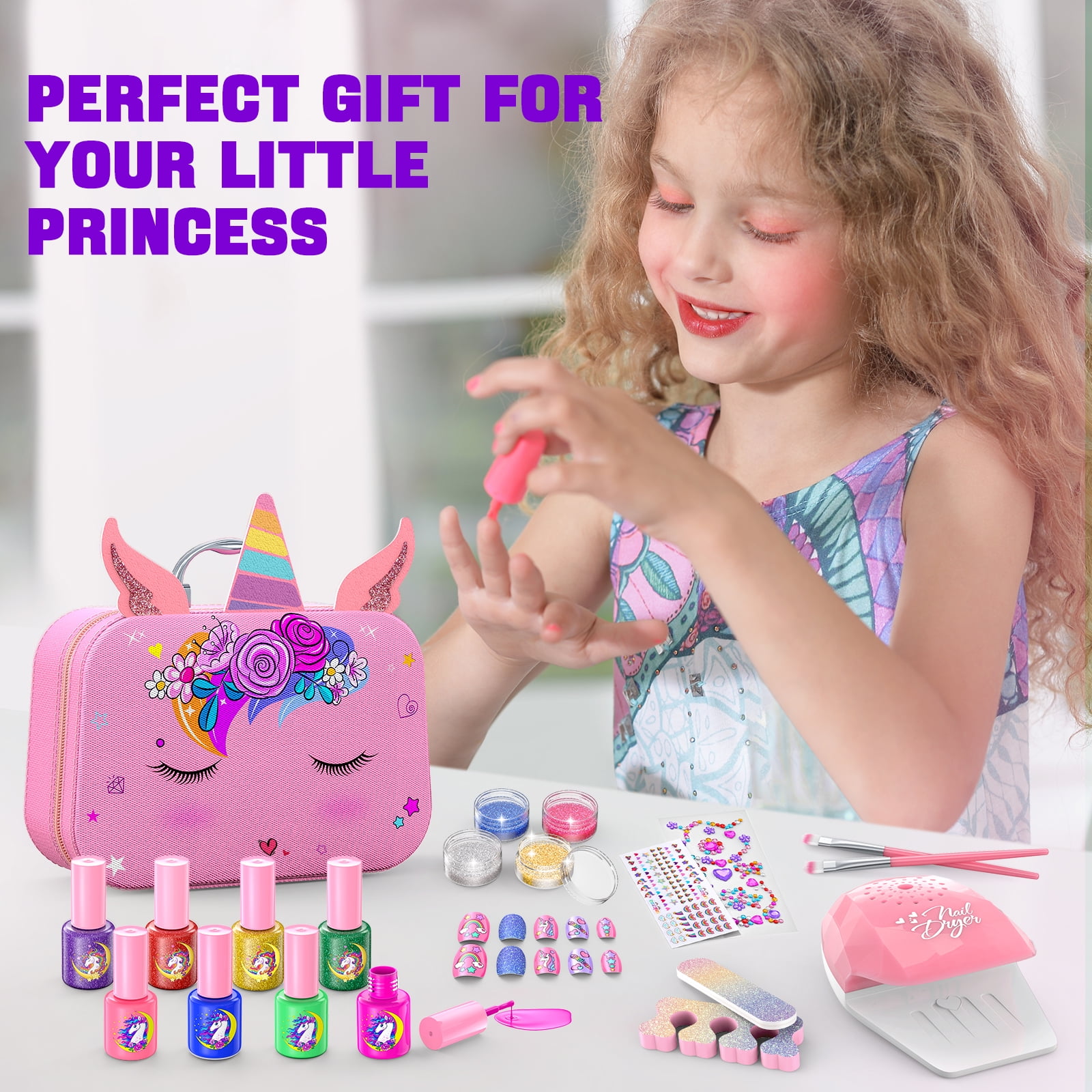 GORISPI Kids Nail Polish Set with Unicorn Storage Case, Peelable Non-Toxic Formula, DIY Nail Art Activity Kit (Pink, 1 Set) t8kj9