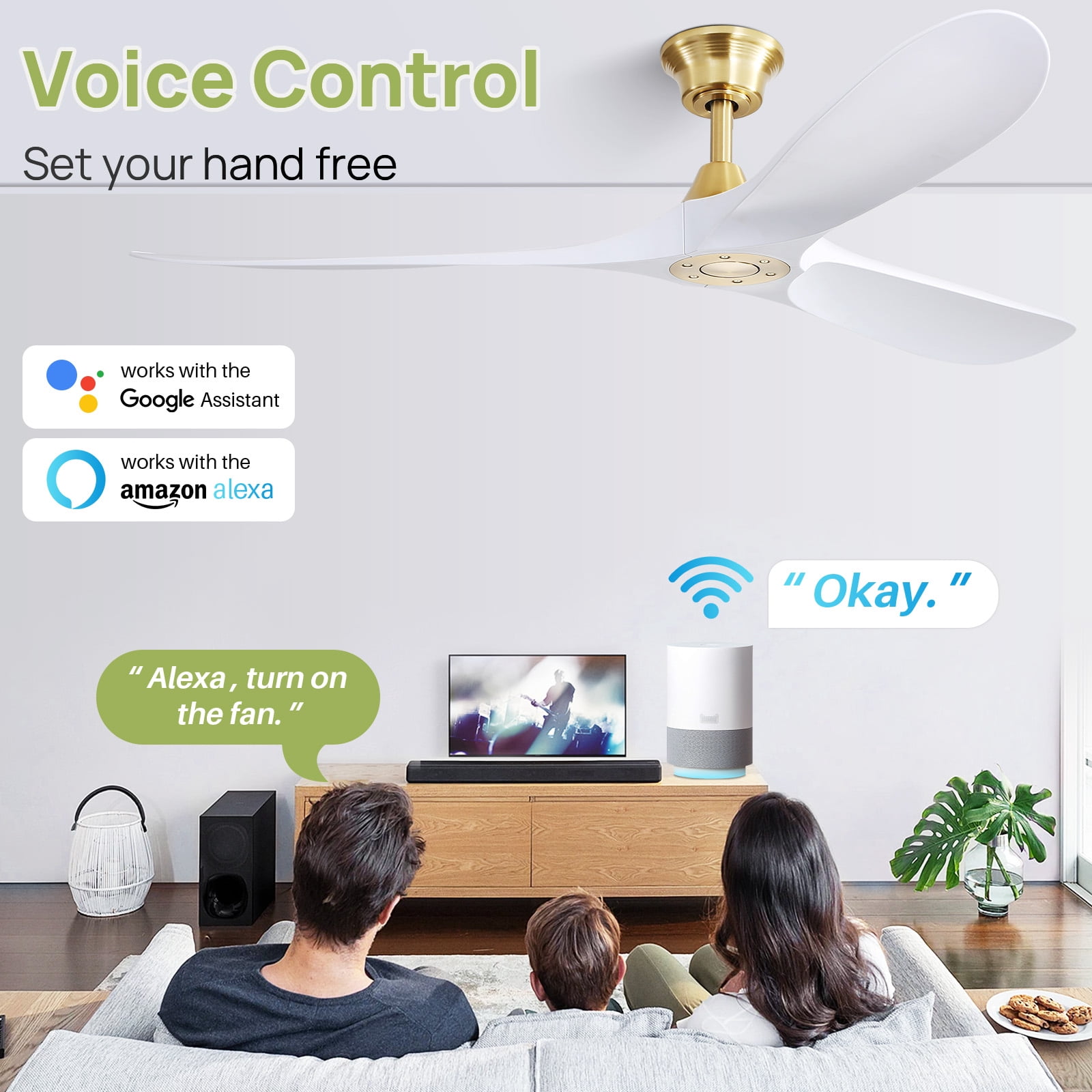 Sofucor 60 in Modern Smart Ceiling Fan with DC Motor and App Control (Gold, 60 in) px8xz