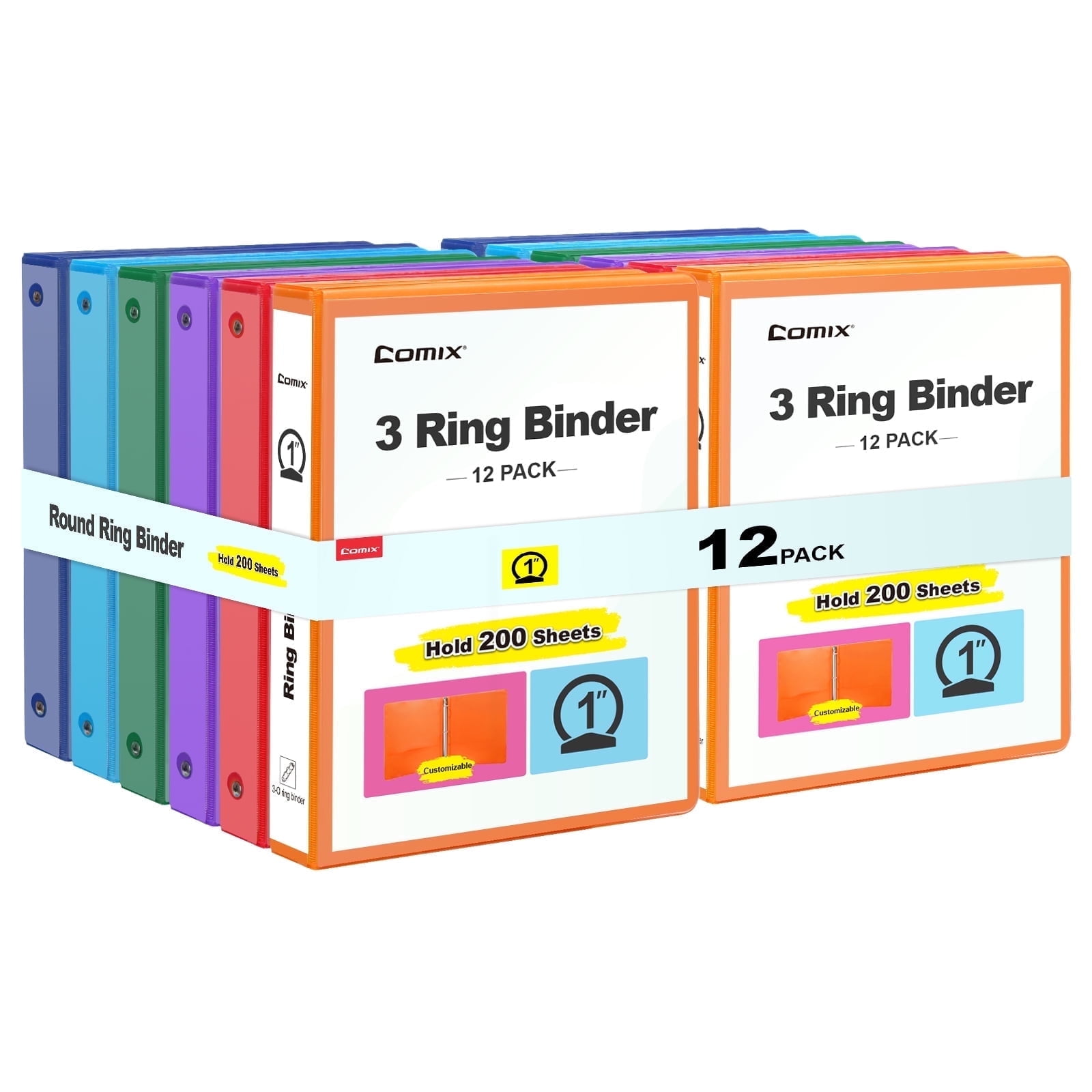 COMIX 3-Ring Binder, 1 in Round Ring, 200 Sheet Capacity, Durable Office Organizer (Assorted Colors, 12 Pack) npi2w