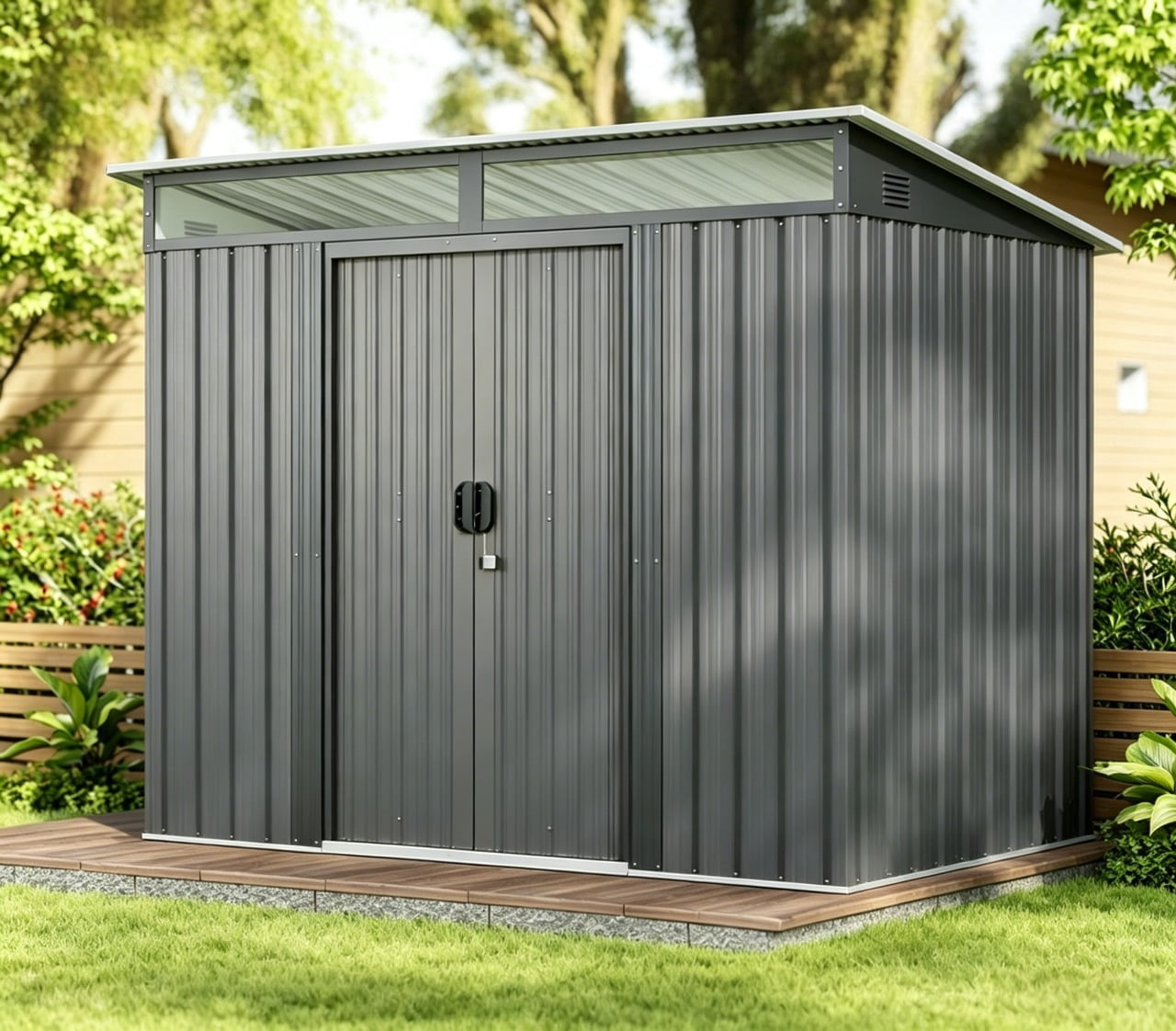 Asofer Heavy-Duty Weatherproof Steel Outdoor Storage Shed with Lockable Door (Dark Gray, 76.8 in x 42.9 in x 77.2 in) gik36
