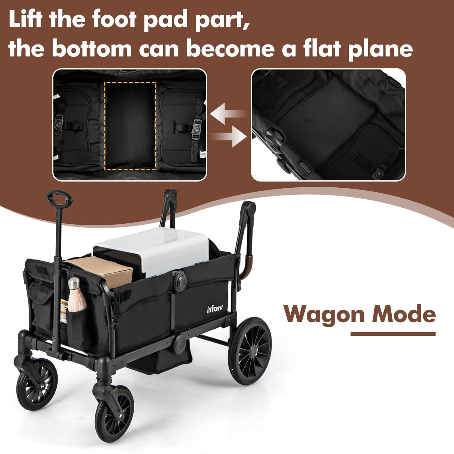 INFANS 2-Seater Wagon Stroller, Collapsible Double Stroller with Adjustable Canopy and Snack Tray (Black, 41 in x 22 in x 42 in) 0vei3