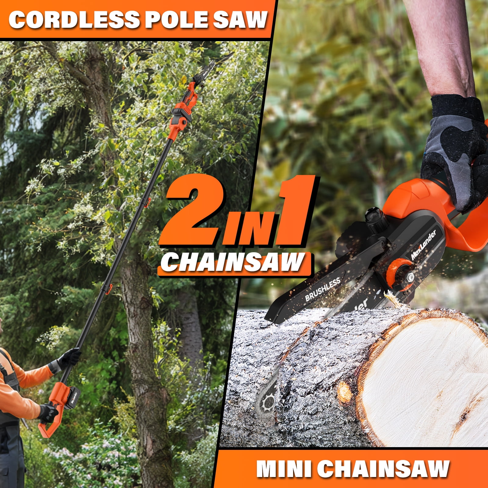 Maxlander 2-in-1 Cordless Pole Saw and Mini Chainsaw, Electric Tree Trimmer with 14ft Reach (8 in, 20V Battery) fh99i