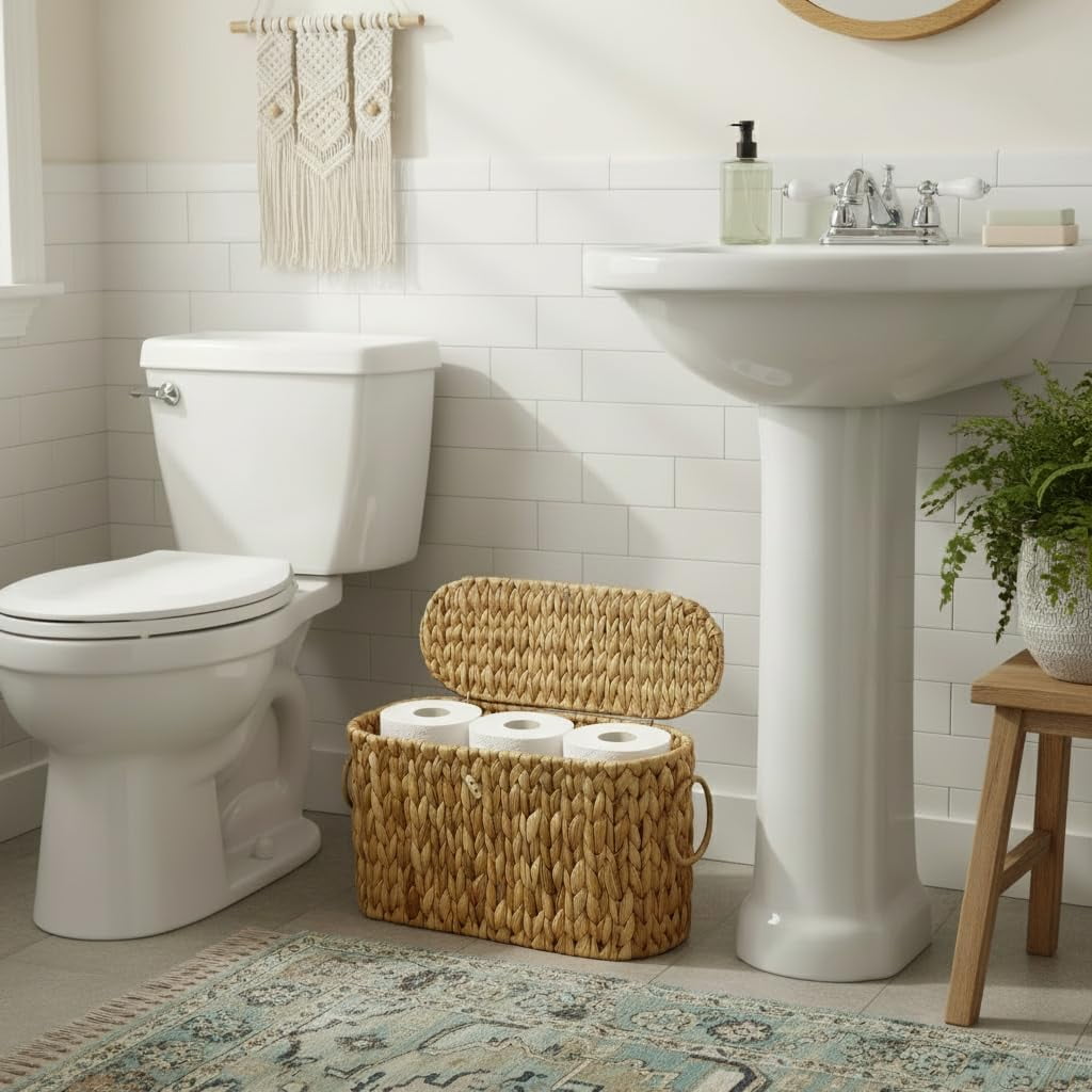 Qipengfei Wicker Toilet Paper Basket with Lid, Hand-Woven Water Hyacinth Bathroom Storage Organizer (Brown, 16.14 in x 6.69 in x 10.62 in) fbjy9