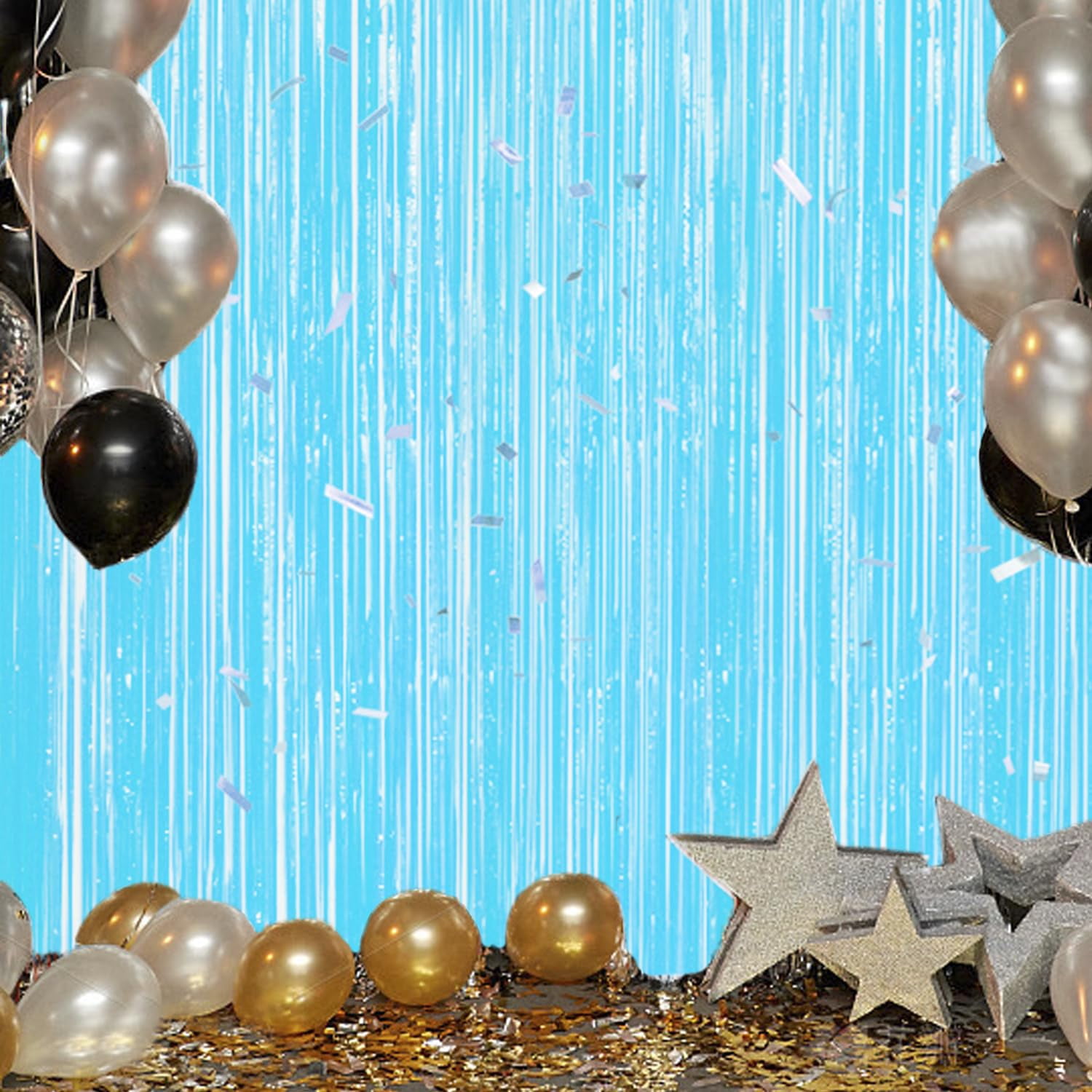 GLSDBT Metallic Foil Fringe Curtains Party Backdrop Streamers (Light Blue, 4 Pack 3.3x6.6 ft) 0pejw