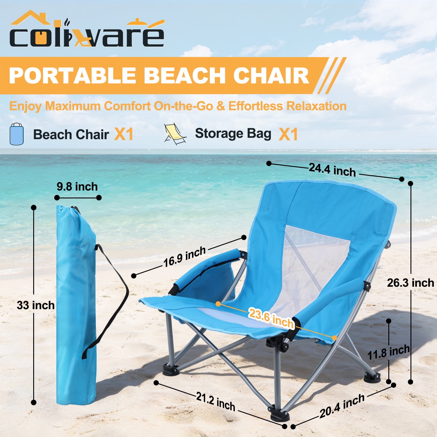 Coliware Folding Low Beach Chair, Portable Camping Chair with Side Cup Holder & Storage, Heavy Duty Outdoor Seat (Blue, 2-Pack) 3nugm