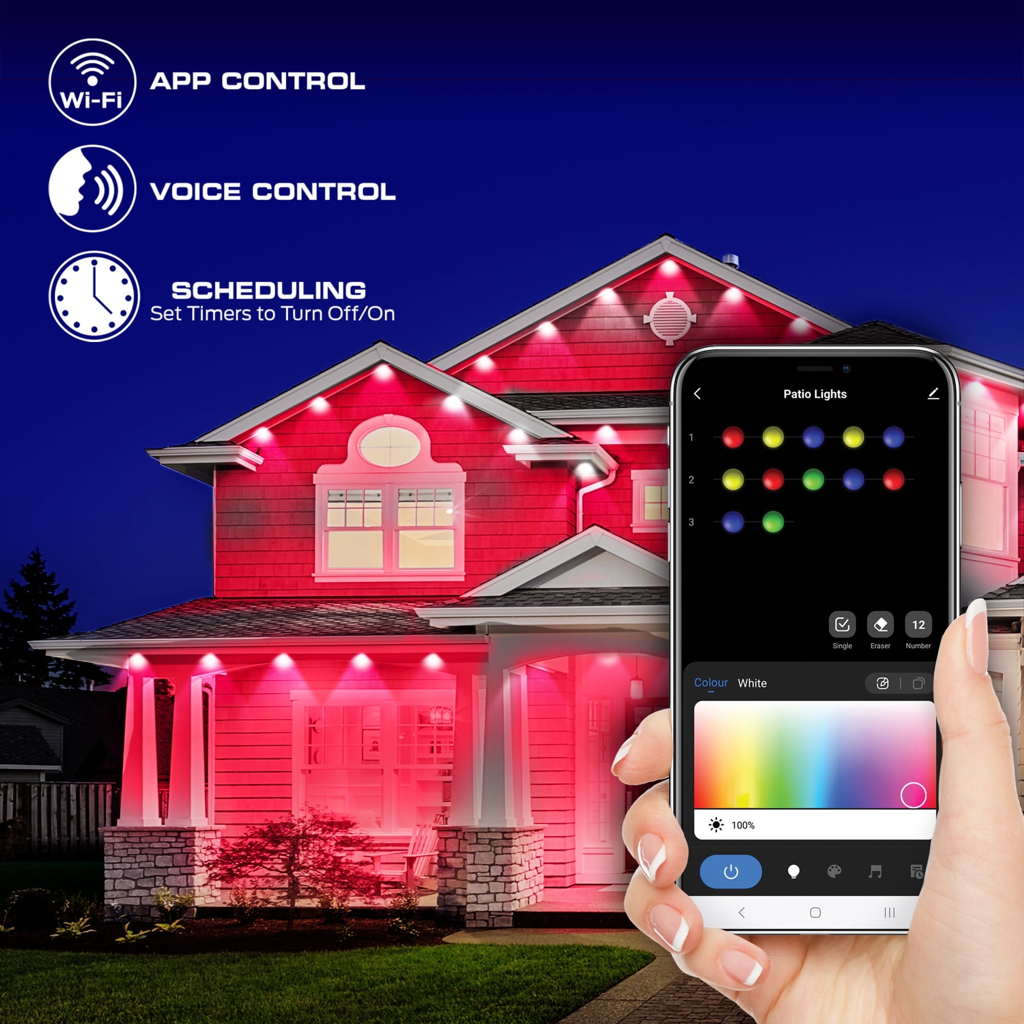 Energizer Smart WiFi Outdoor Permanent LED String Lights, RGB+IC Color-Changing, App & Voice Control, Weatherproof (Multi-Color, 100 ft) kqpcp