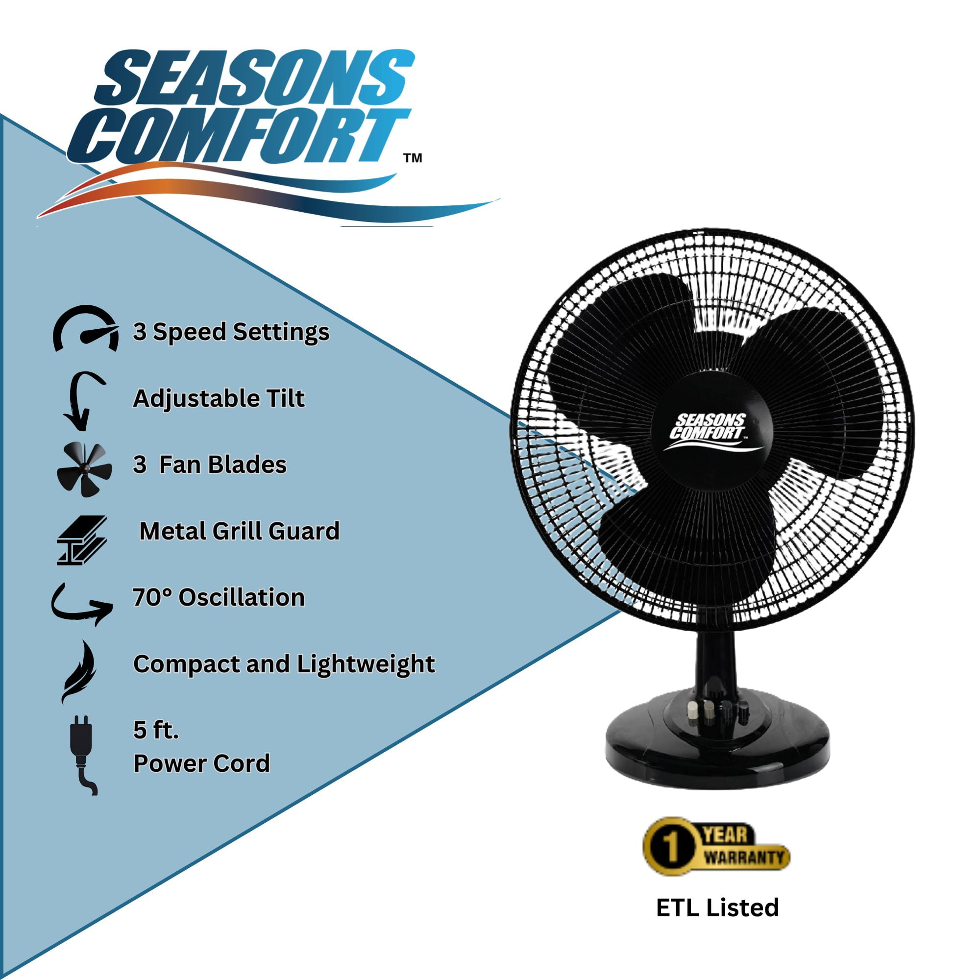 Seasons Comfort 16 Inch Oscillating Tabletop Fan, 3-Speed Quiet Cooling (Black, 21 in H x 16 in W) yy2b0