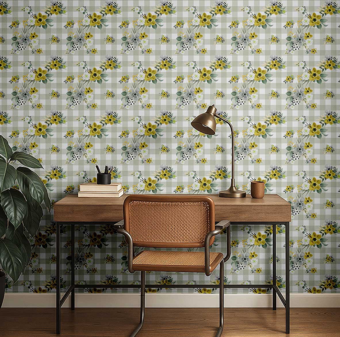 S4Sassy Floral Plaid Wallpaper Self-Adhesive Vinyl Wall Covering (Yellow, 25 in x 120 in) ysau0