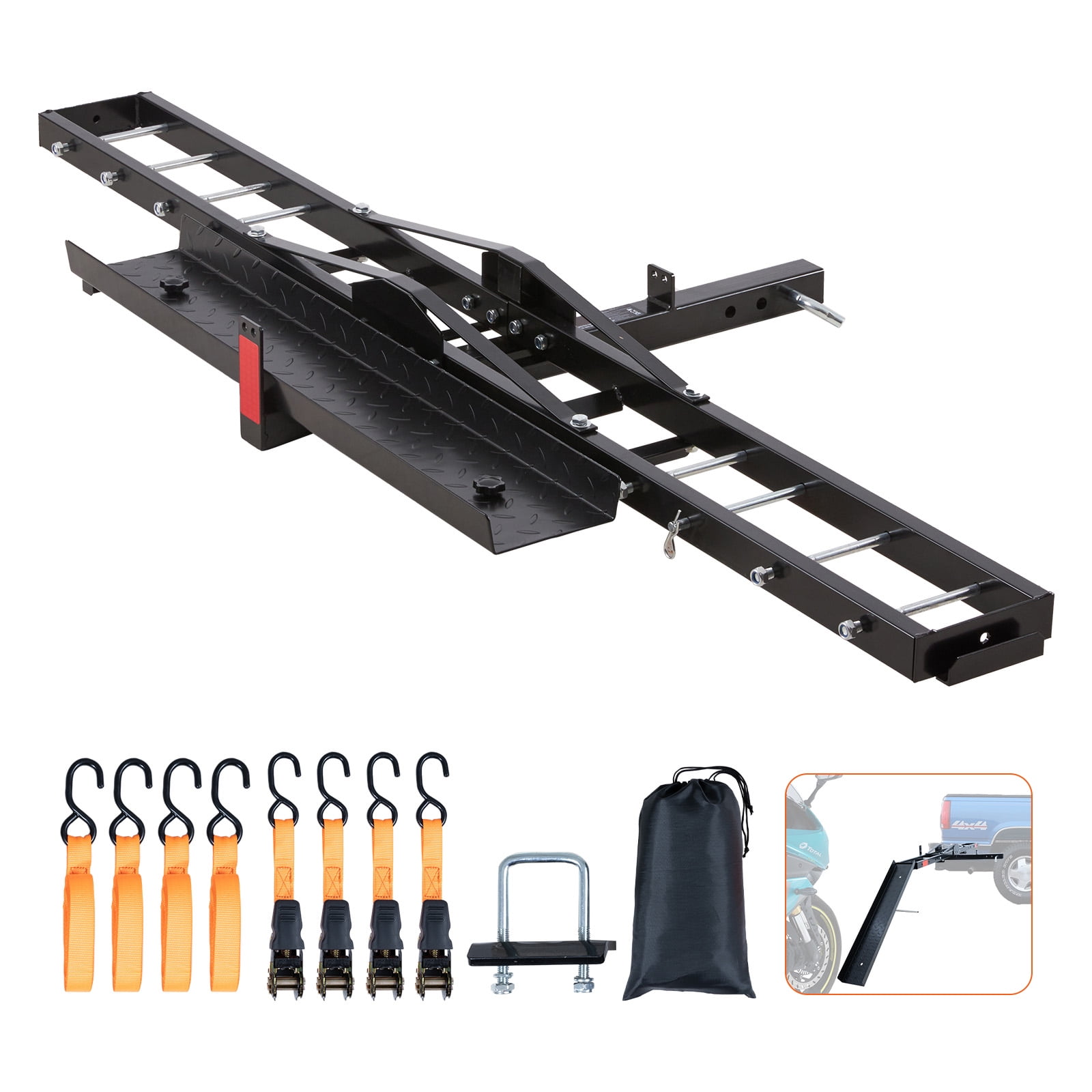 KFFKFF Steel Motorcycle Hitch Carrier, Heavy-Duty Transport Rack with Loading Ramp, Tie-Down Straps & Stabilizer (600 lb Capacity, 2 in Hitch Receiver) 5k3ry