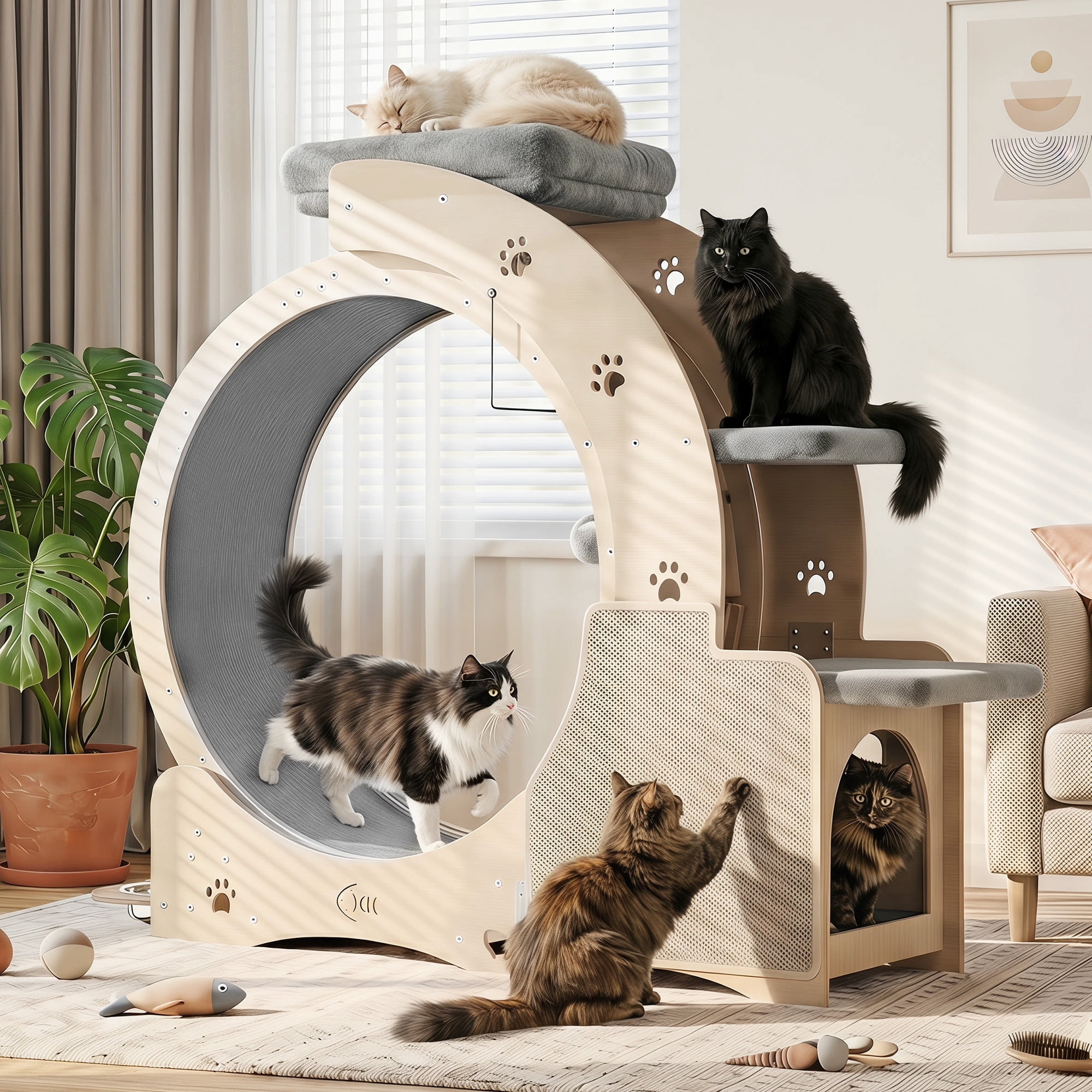 FOOWIN Cat Exercise Wheel, All-in-One Indoor Cat Activity Center with Condo, Scratching Post, and Feeding Bowls (Yellow, 40 in) bf0vp