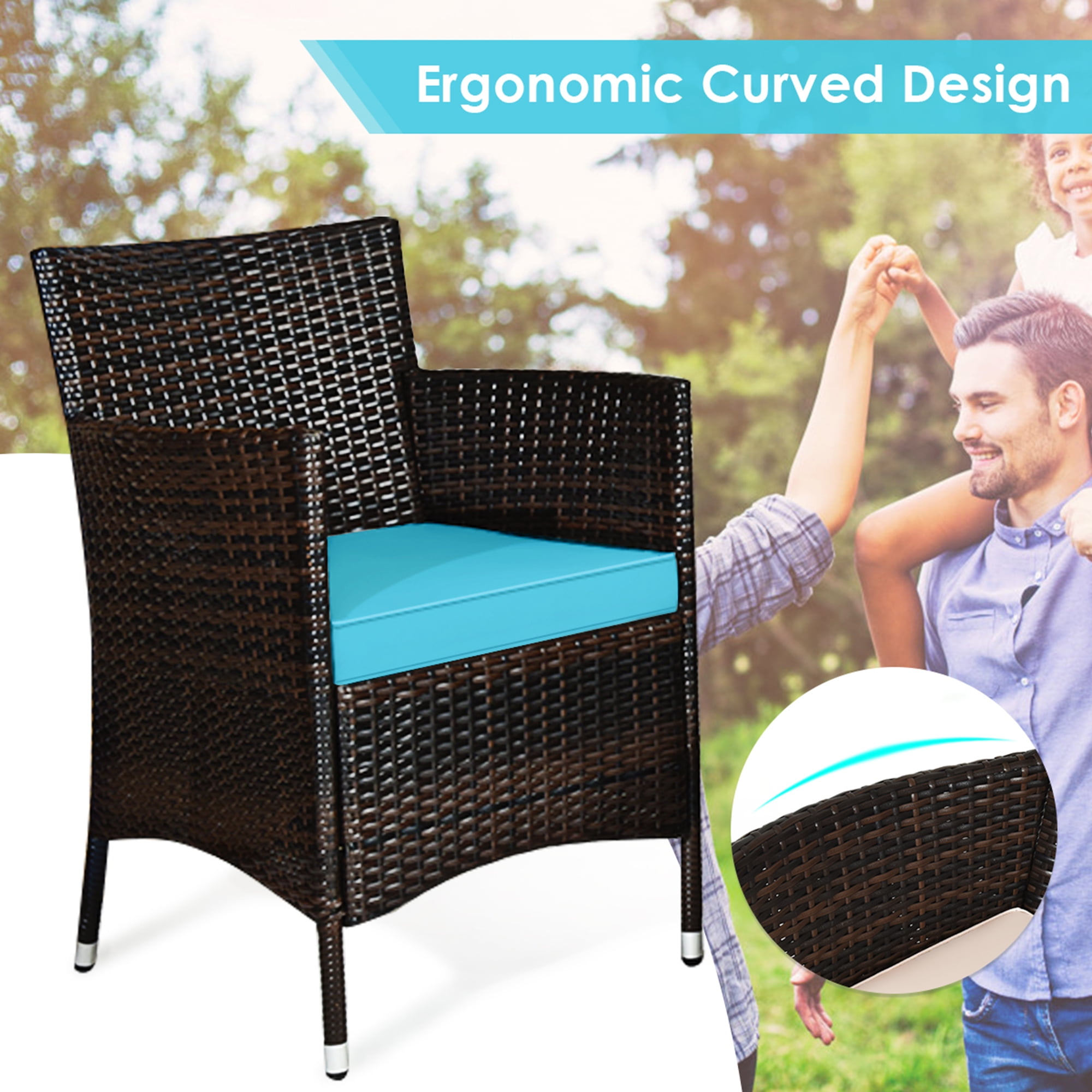 Gymax 4-Piece Patio Rattan Conversation Furniture Set with Turquoise Cushions (Outdoor/Indoor) 572c2