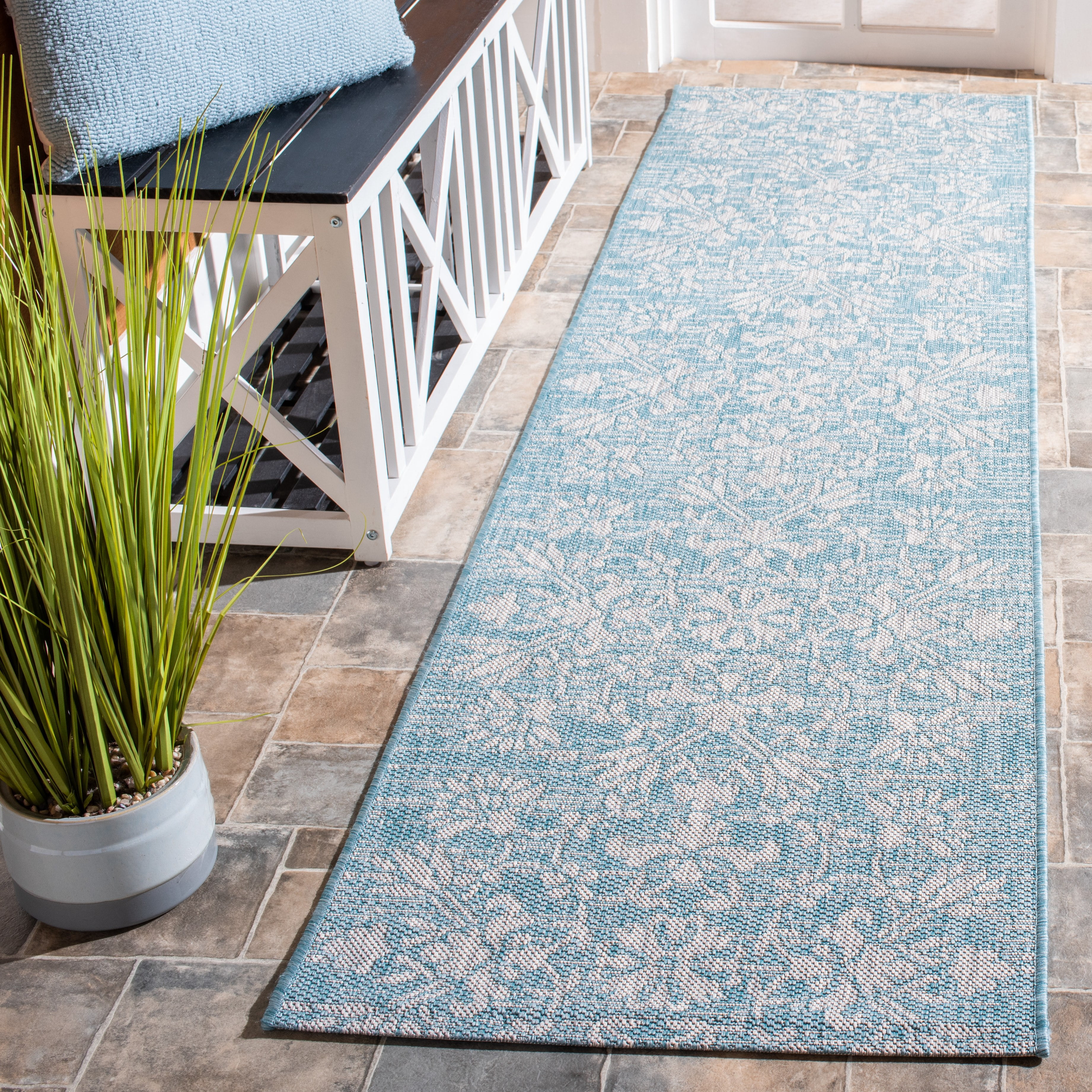 Safavieh Courtyard Nina Floral Indoor/Outdoor Runner Rug (Aqua/Grey, 2.25 ft x 8 ft) ljj2x