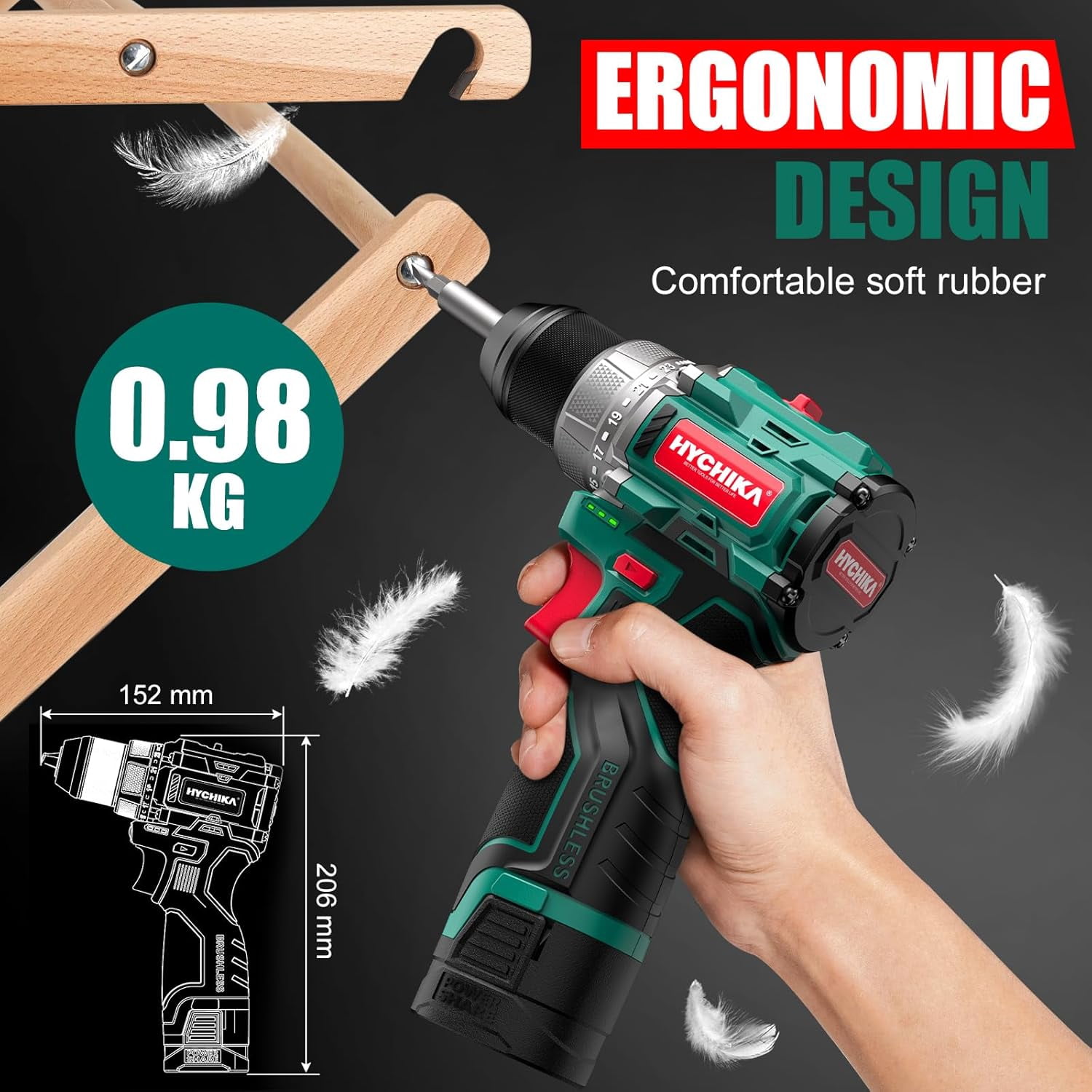 HYCHIKA Brushless Cordless Drill Driver Set with 53-Piece Accessory Kit, 16.8V Power Drill with 410 in-lb Torque, 3/8 in Keyless Chuck, LED Light (Green, 1 Battery) 2izte