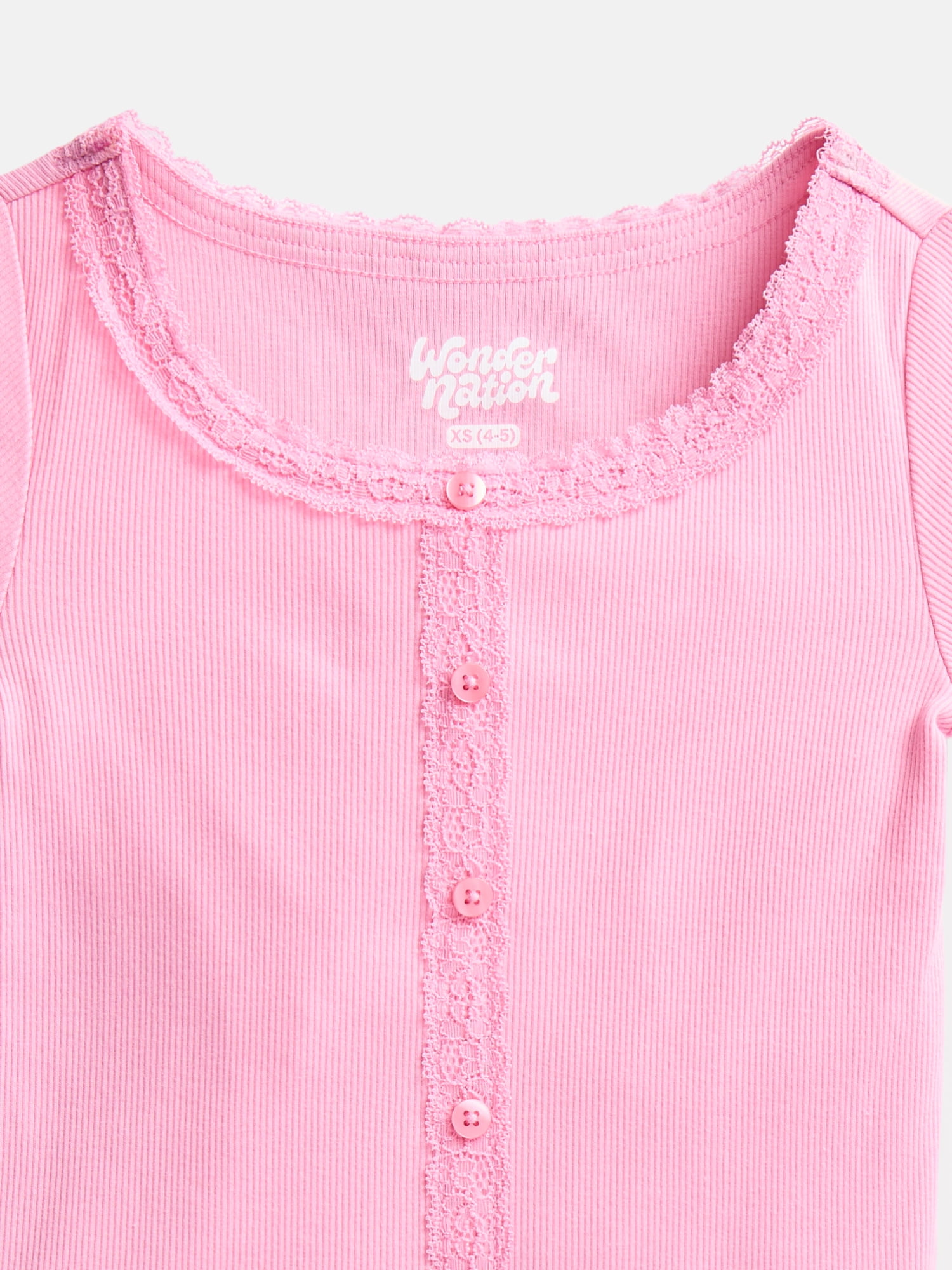 Wonder Nation Girls' Lace and Button Front Top Short Sleeve Ribbed Shirt (Pink, Size 10) myutx