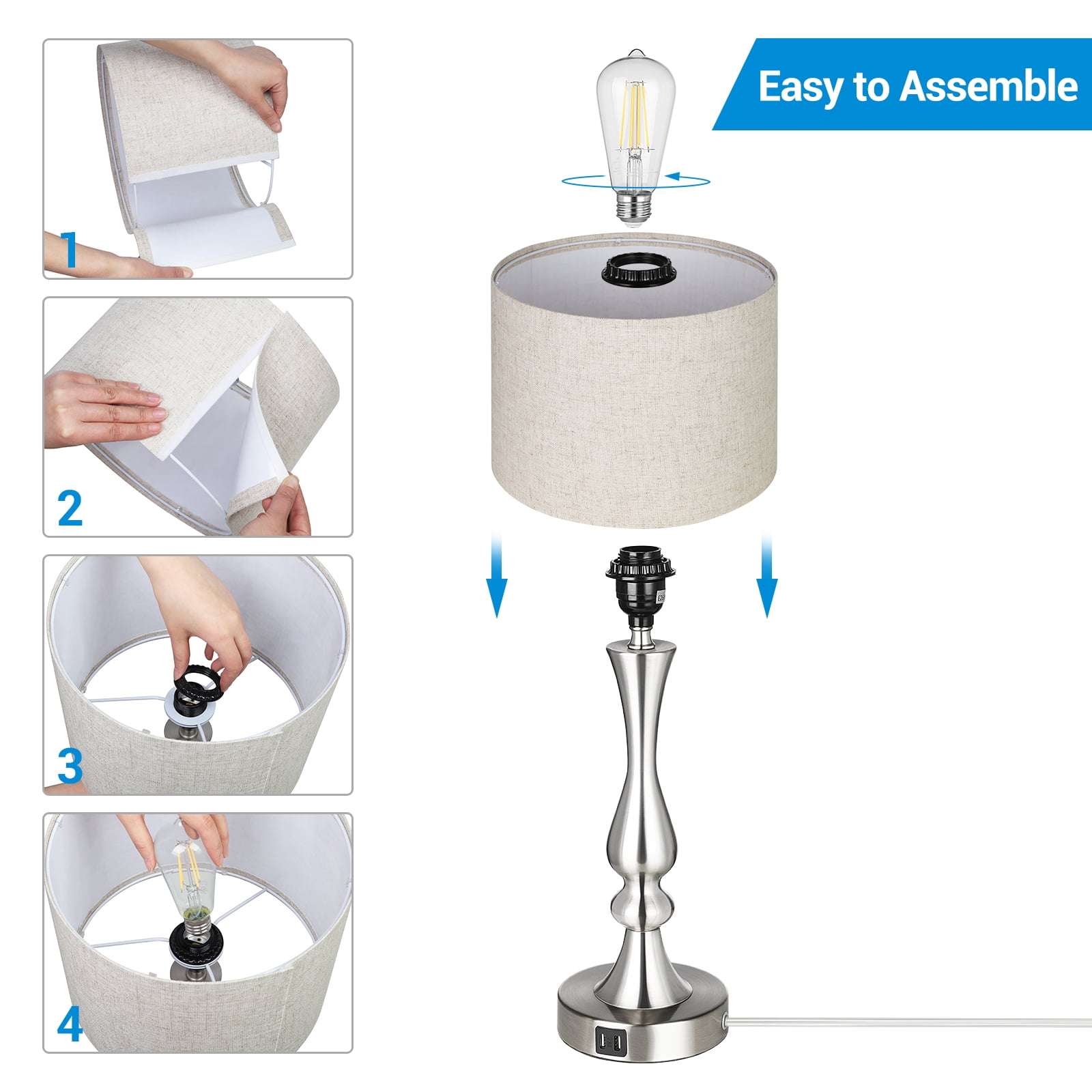 EDISHINE 3-Way Dimmable Table Lamps with USB Charging Ports (Set of 2, 2-Pack) 5fnya