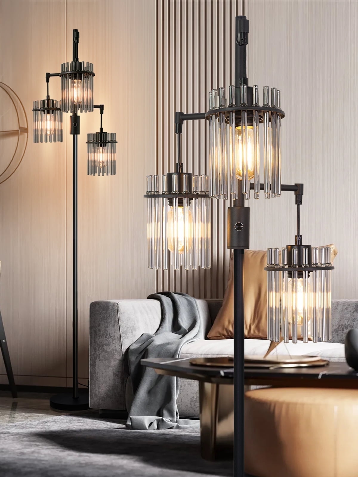 Muaket Industrial Modern Floor Lamp, Dimmable Tree Standing Light with 3 Teardrop Glass Cage Shades (Black, 65 in) yh6qg
