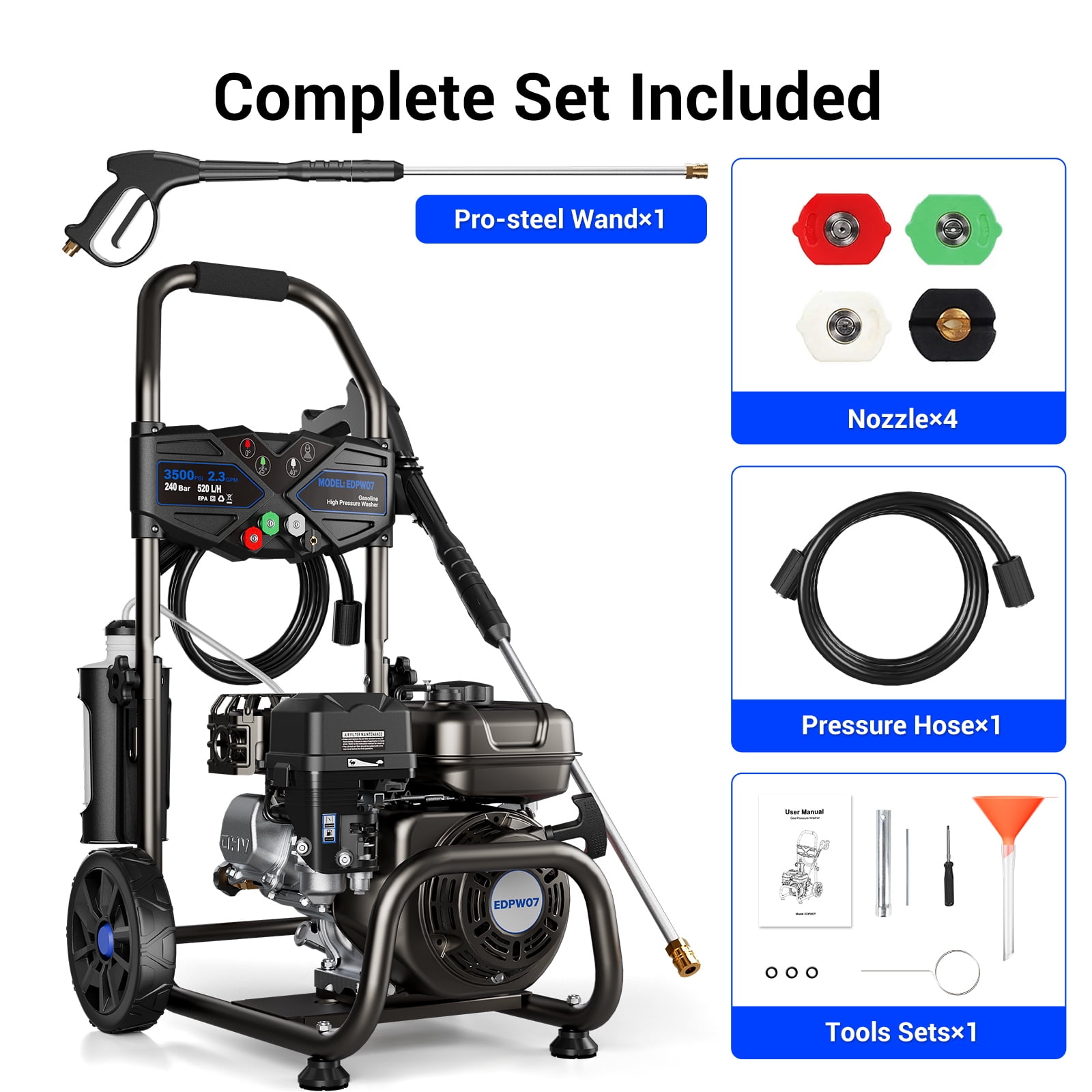Efurden Gas Pressure Washer 3500 PSI 2.3 GPM with 209cc Engine (25 ft Hose, 4 Nozzles) mw1iy
