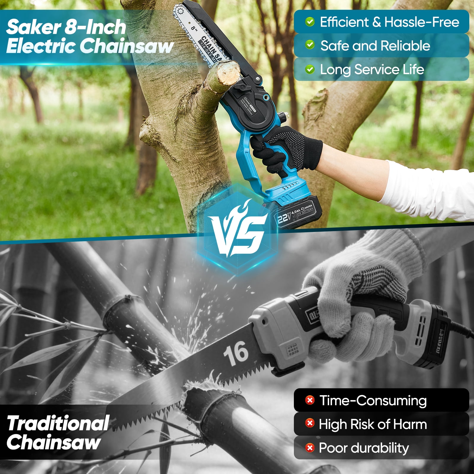 Saker 8 Inch Cordless Electric Mini Chainsaw, Portable Handheld Pruning Saw for Tree Trimming and Wood Cutting (Black, 8 in) zcswy
