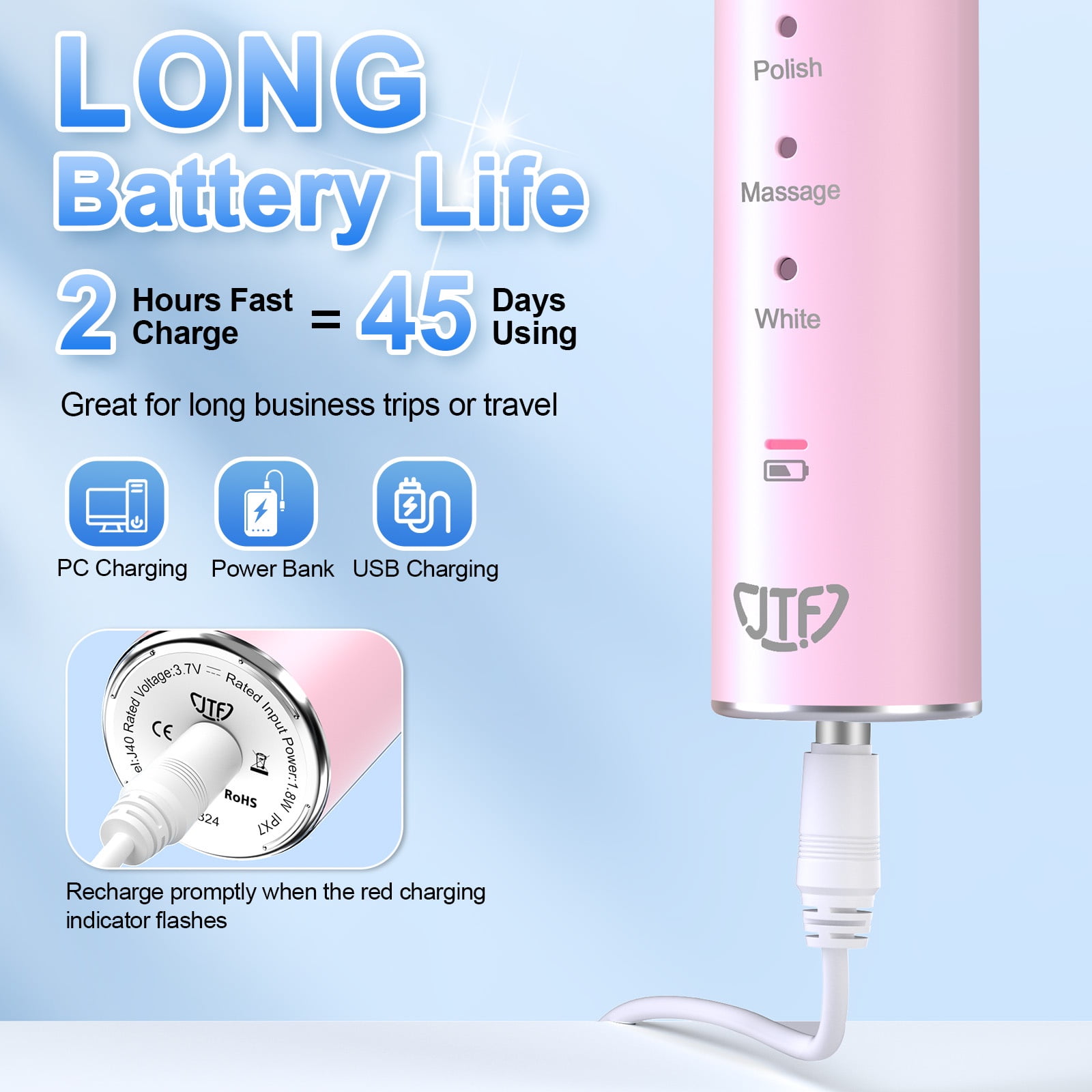 JTF Sonic Electric Toothbrush with 8 Brush Heads and Travel Case (5 Modes, Rechargeable, Pink) fvqxp