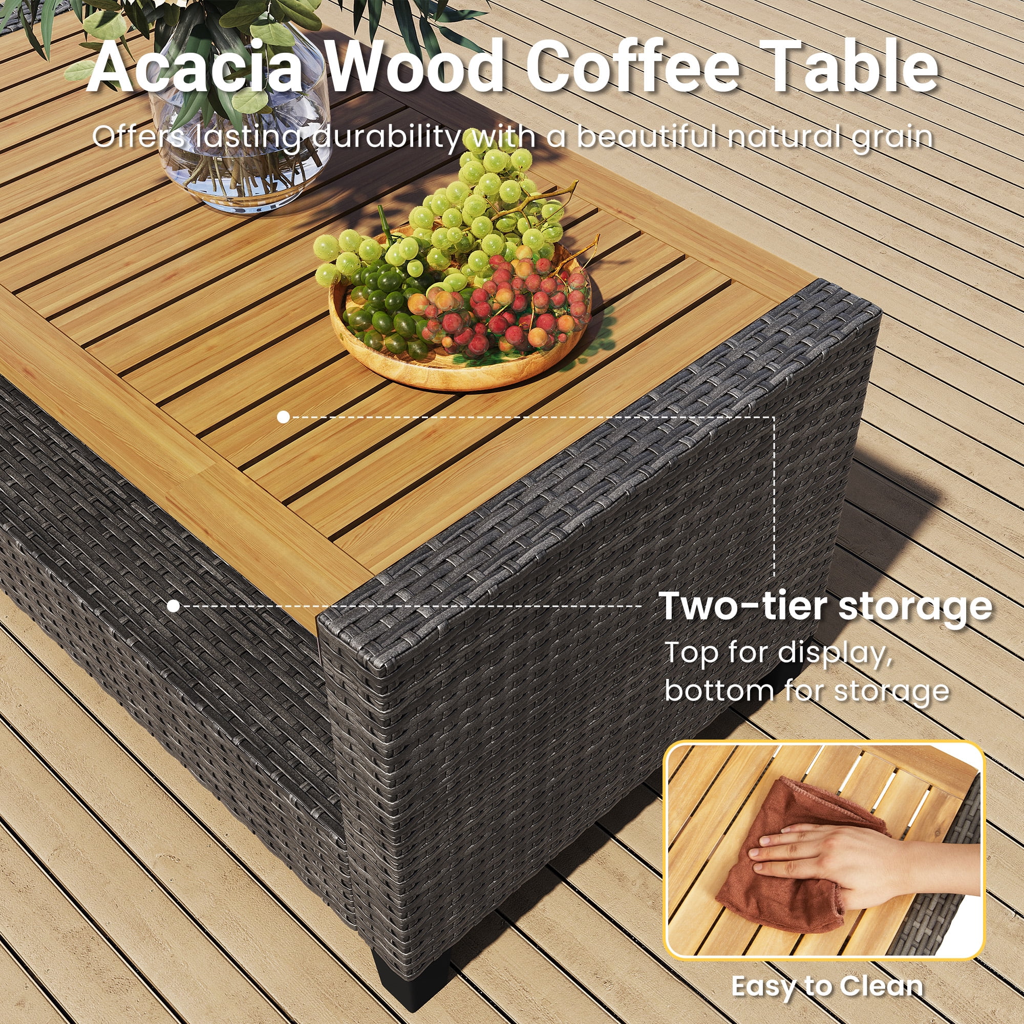Heynemo 4-Piece Outdoor Patio Furniture Set, Rattan Conversation Set with Acacia Wood Coffee Table and Cushions (Gray, 4-Piece) bzx19