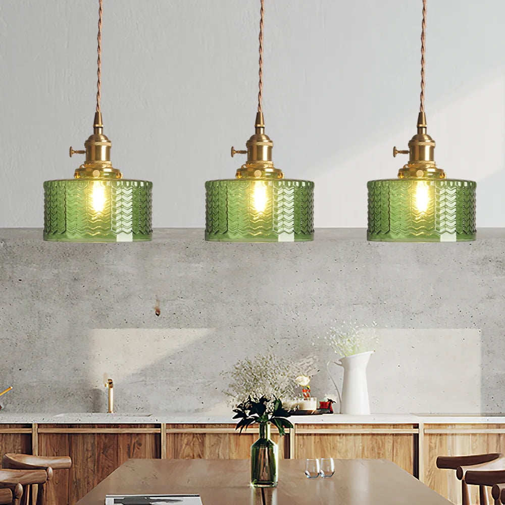 Arturesthome Vintage Glass Pendant Light, Wavy Cylinder Hanging Lamp for Kitchen Island (Green, 8 in) 4xqx1