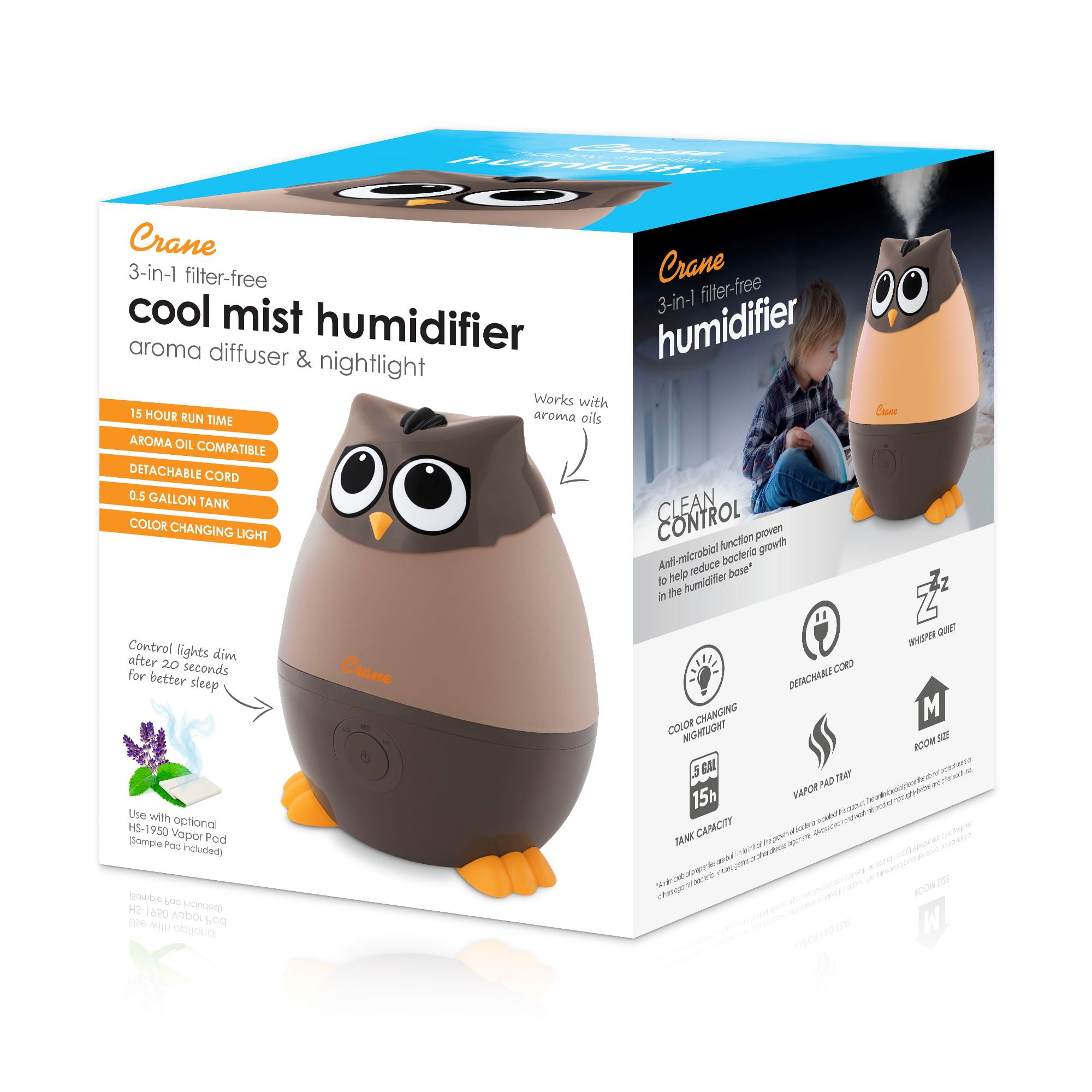 Crane Adorables Ultrasonic Cool Mist Humidifier, Owl Design, Aroma Diffuser (Brown, 0.5 gal) 104nw