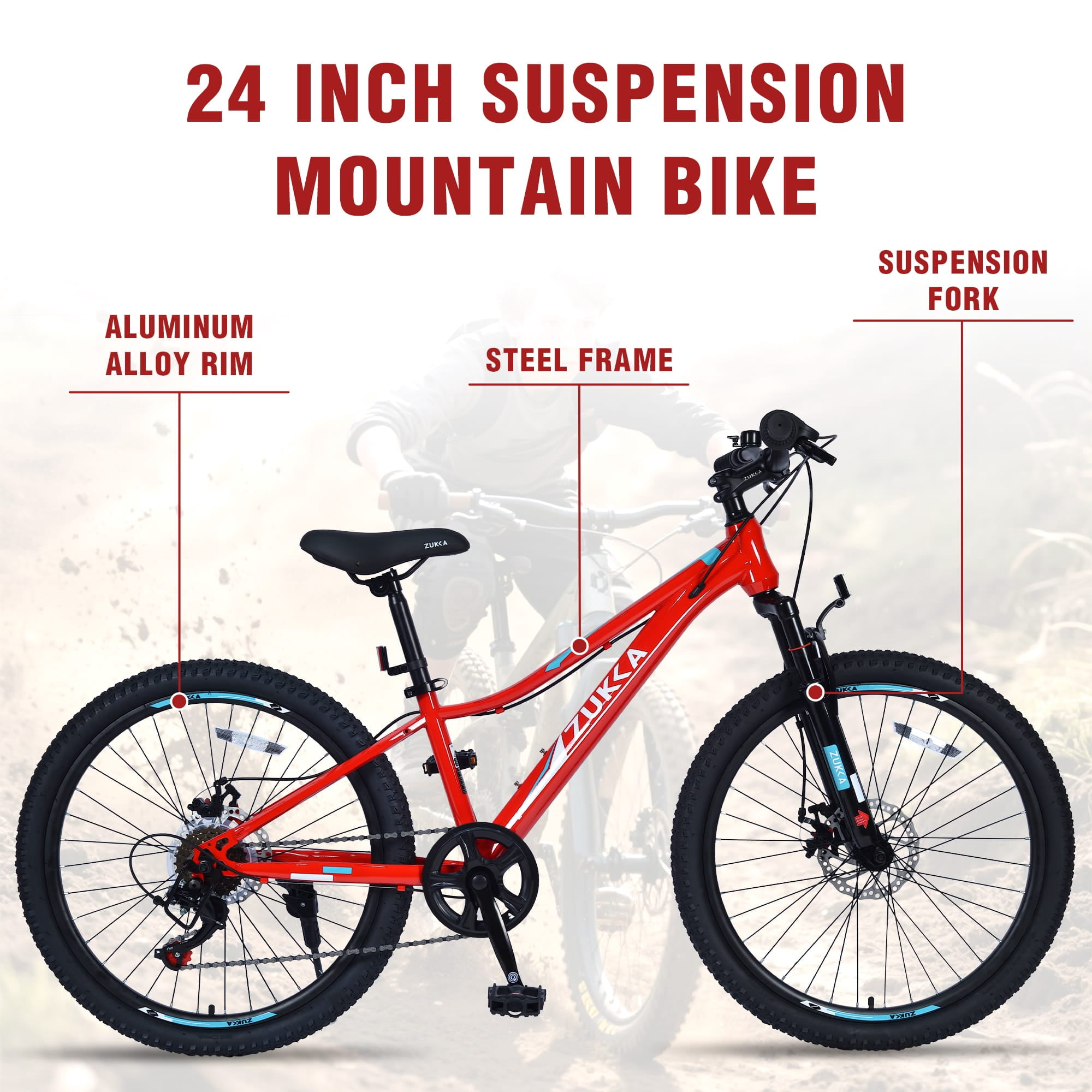 TBSCWYF 24 Inch Mountain Bike for Kids, 6-Speed Steel Frame with Dual Disc Brakes and Suspension Fork (Red, 24 in) 0w1lp