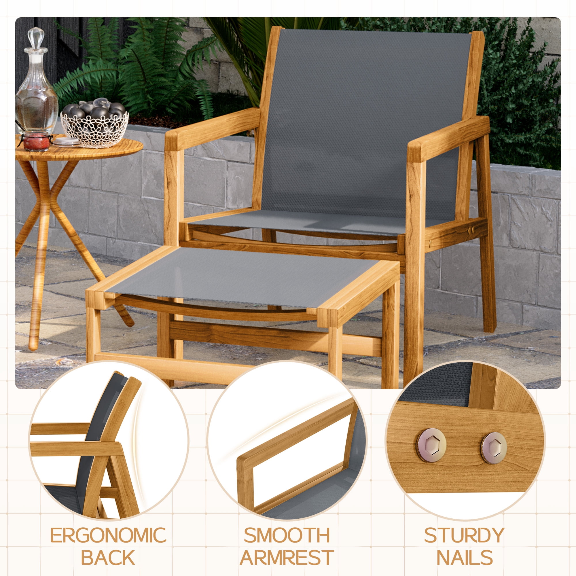 Homall 4-Piece Patio Conversation Set with Acacia Wood Frame and Textilene Chairs (Gray) iaemv