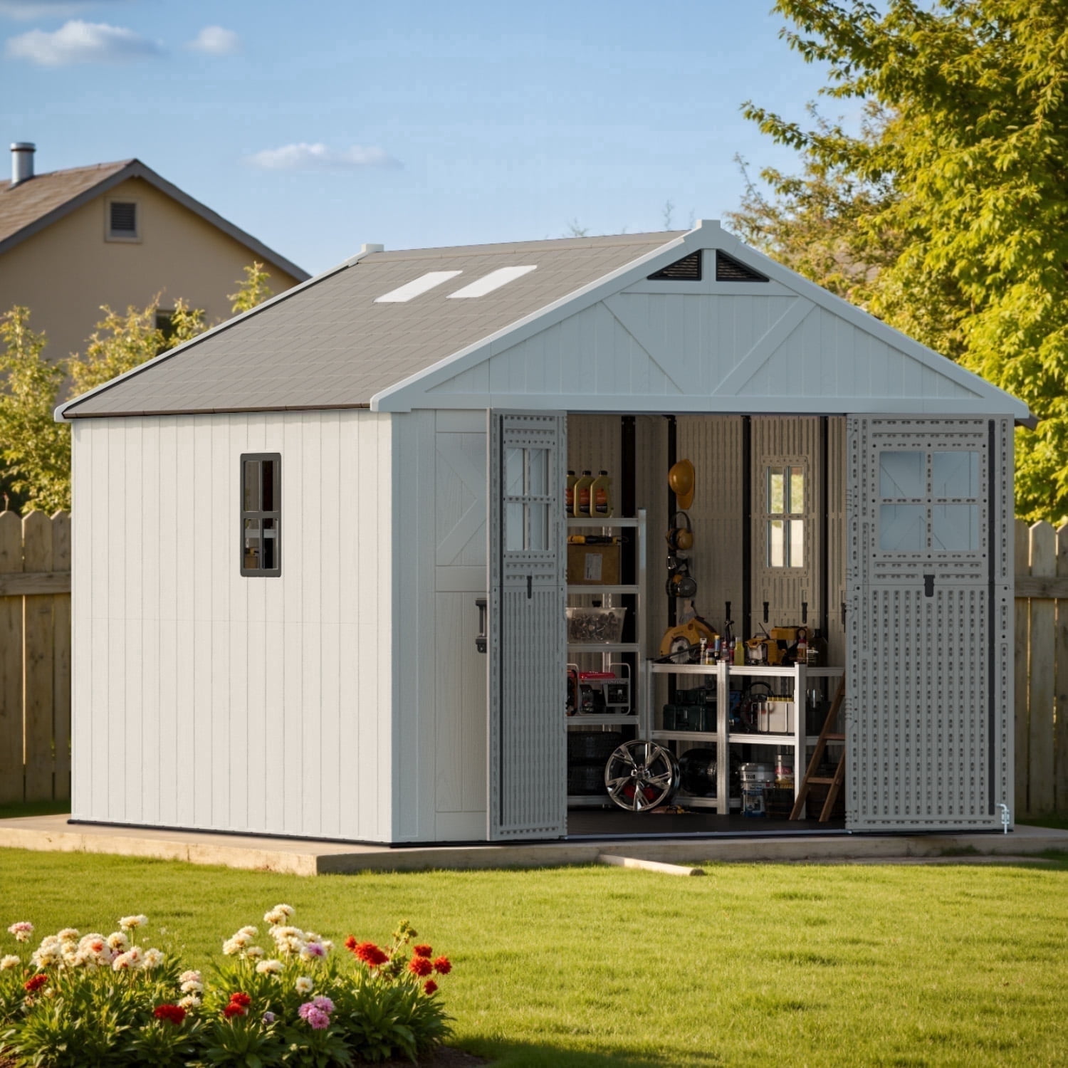 Patiowell 10x10ft Resin Garden Shed with Skylight and Lock, Weatherproof Outdoor Storage for Tools and Equipment (Beige) ijljf